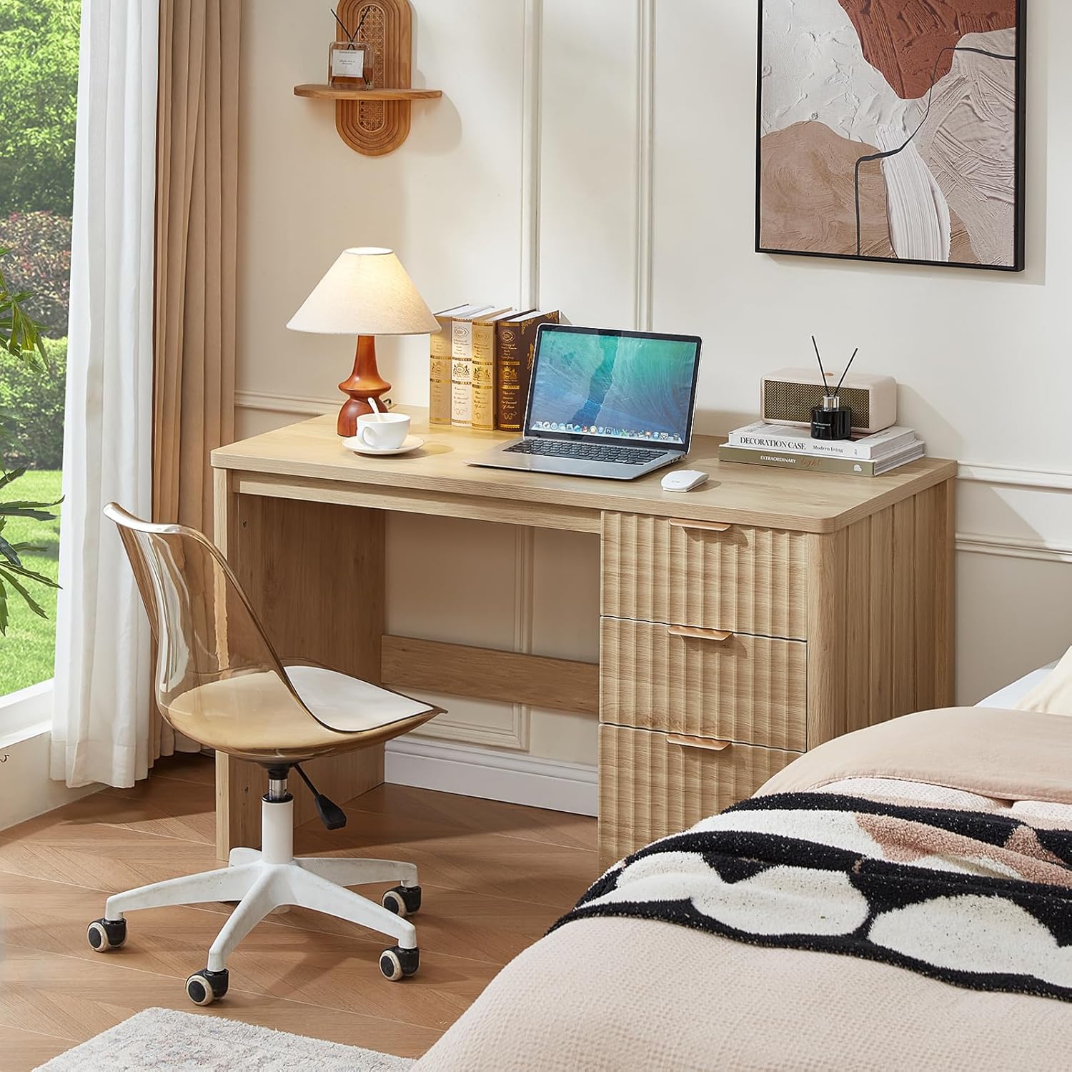 LEYAOYAO Office Desk 48" with 3 Drawers Storage File Cabinet Wood Fluted Desk for Computer Office Bedroom Home Furniture Natural