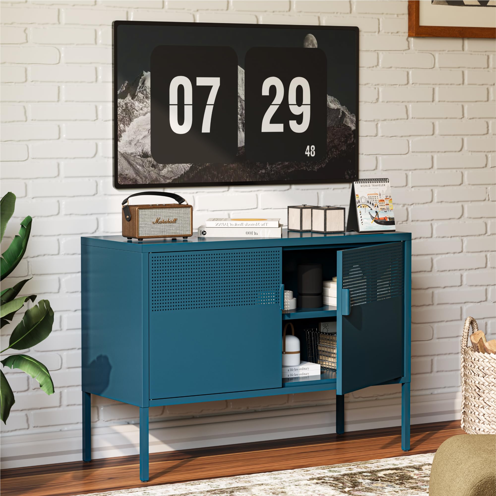 COFaR TV Stand for TVs up to 75 Inch, 40 Inch Media Console with Ventilation Doors, Metal Entertainment Center with Adjustable Shelves &amp; 120Lbs Storage for Living Room &amp; Bedroom, Peacock Blue