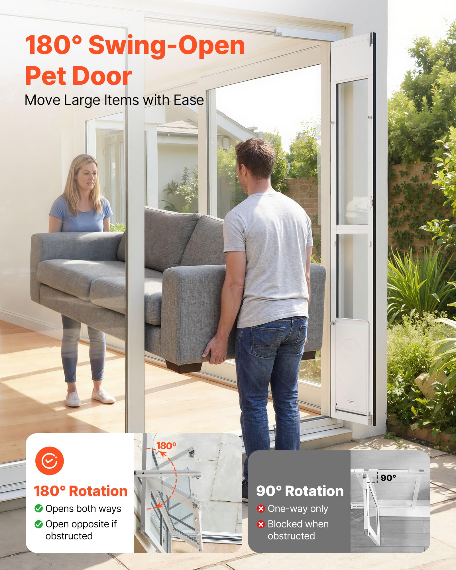 VEVOR Puerta Batiente de Vidrio con Entrada para Perros, Puerta para Mascota 26 x 41,3 cm, Marco de Aleación de Aluminio, Instalación sin taladrar, Compatible con Perros Grandes Gatos, Color Blanco