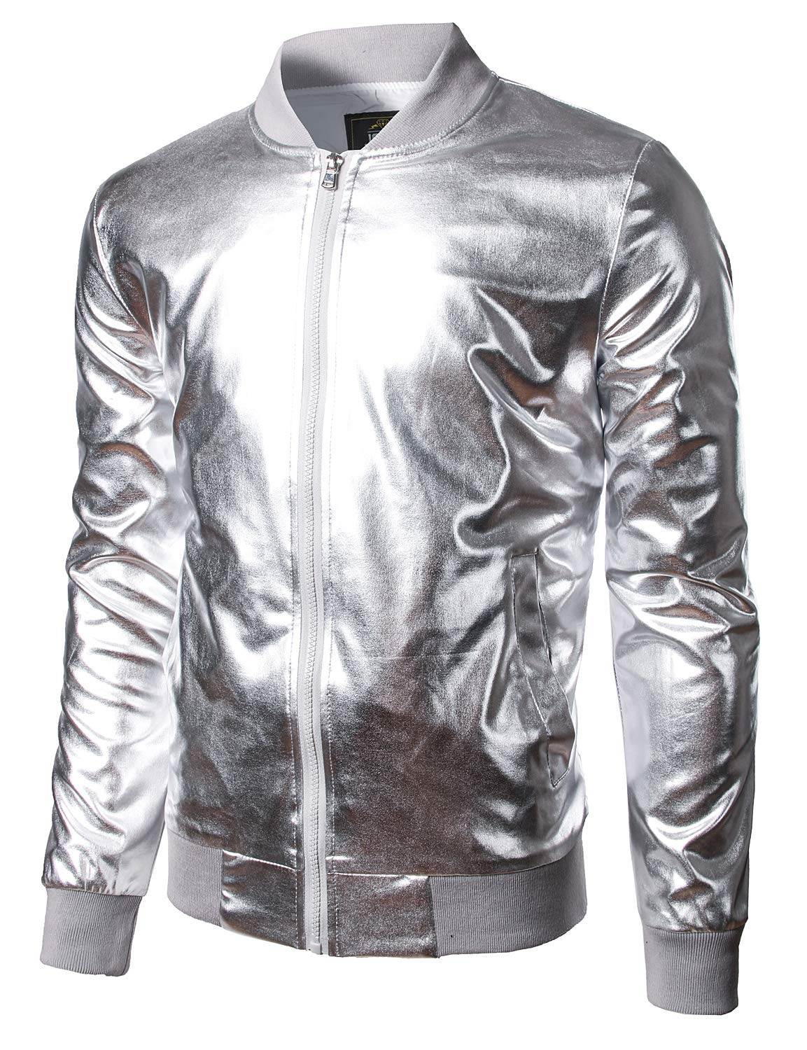 JOGALMens Metallic Nightclub Styles Zip Up Varsity Baseball Bomber Jacket Costume