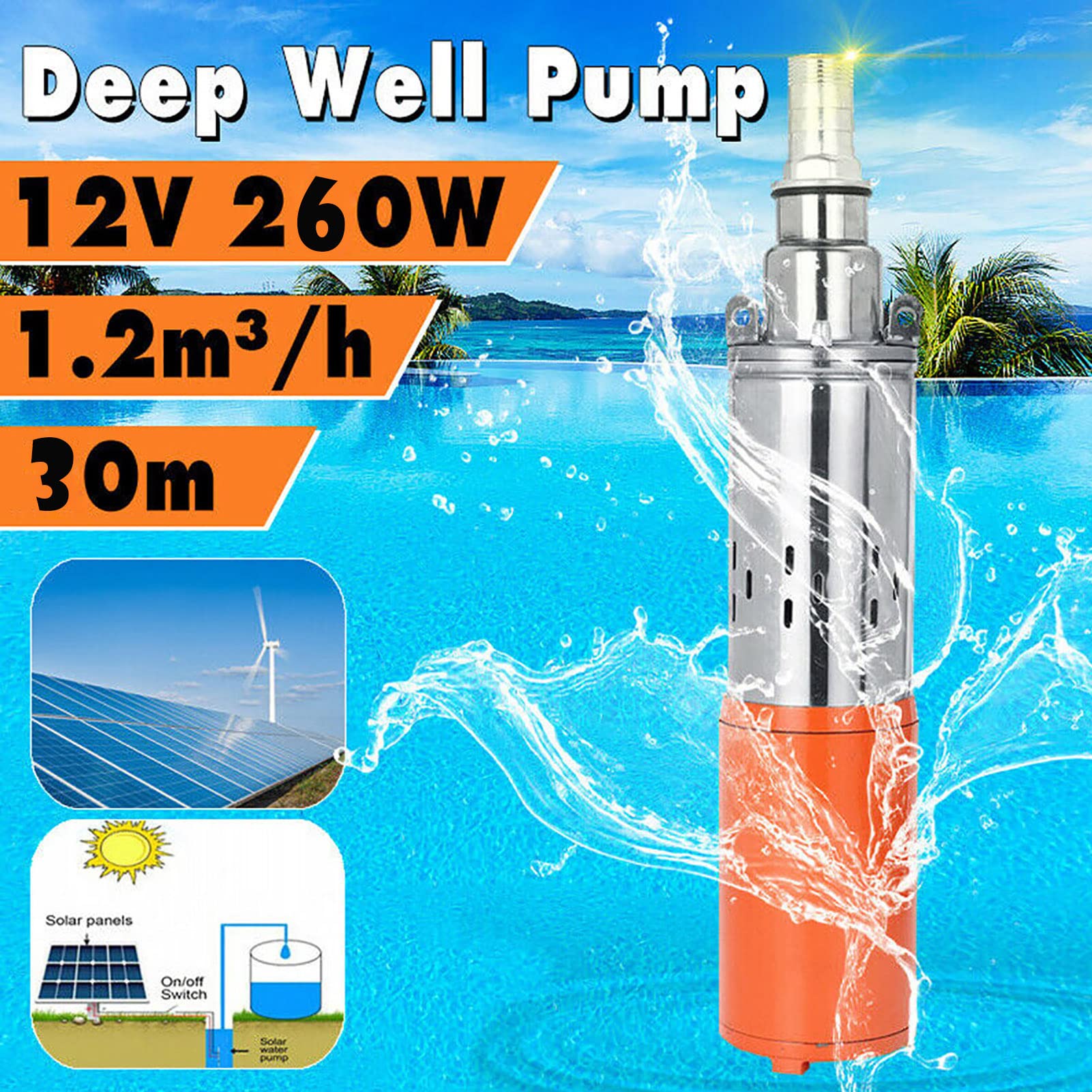 Pompa ad acqua sommergibile solare, 1 '' 12V-1.2m³-35m Pompa idraulica per pozzi profondi ad alto sollevamento in acciaio Pompa DC Pompa in acciaio fuso Pompa per pozzi profondi Kit solare