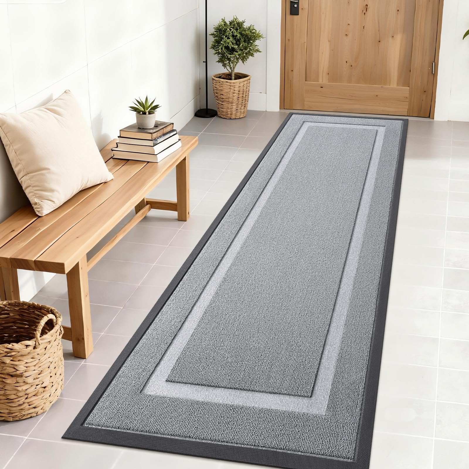OLANLY Front Door Mat Outside 71x23, All-Season Heavy-Duty Rubber Doormat | Silver Gray, Absorbent, Stain Fade Resistant, Waterproof Non-Slip Backing, Low-Profile Indoor Outdoor Floor Mat for Entryway