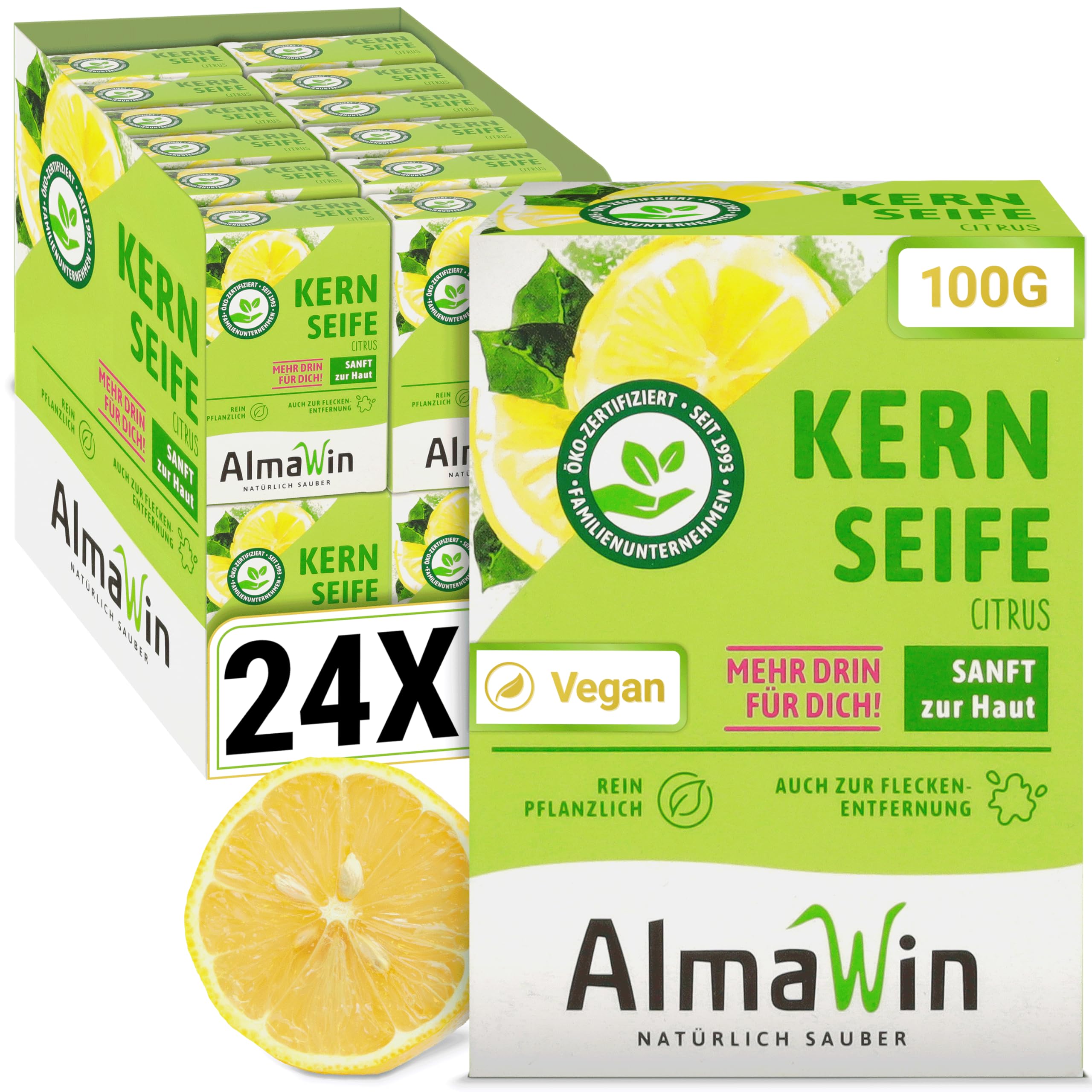 AlmaWin® Kernseife mit zartem Zitronenduft [24x 100g] - Stückseife für sanfte Hautreinigung - Vegane Seife Bio für gründliche Reinigung in Haushalt & Werkstatt - Kernseife Zitrone, Seife