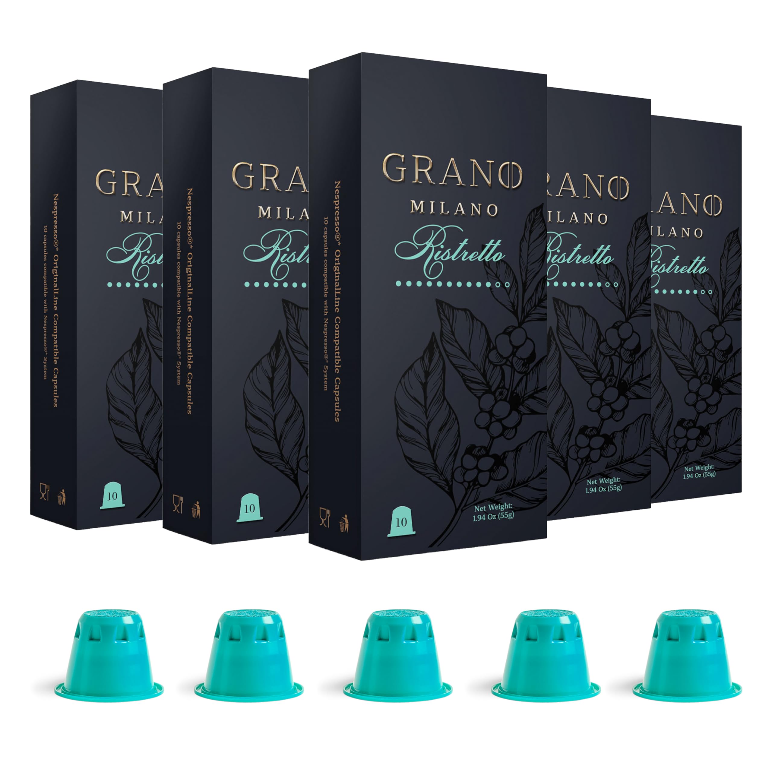 Grano Milano Ristretto Coffee Capsules - 50 Pods Compatible with Nespresso Original line, Medium Roast - Intensity 10/12, Espresso Coffee Capsules Made in Italy