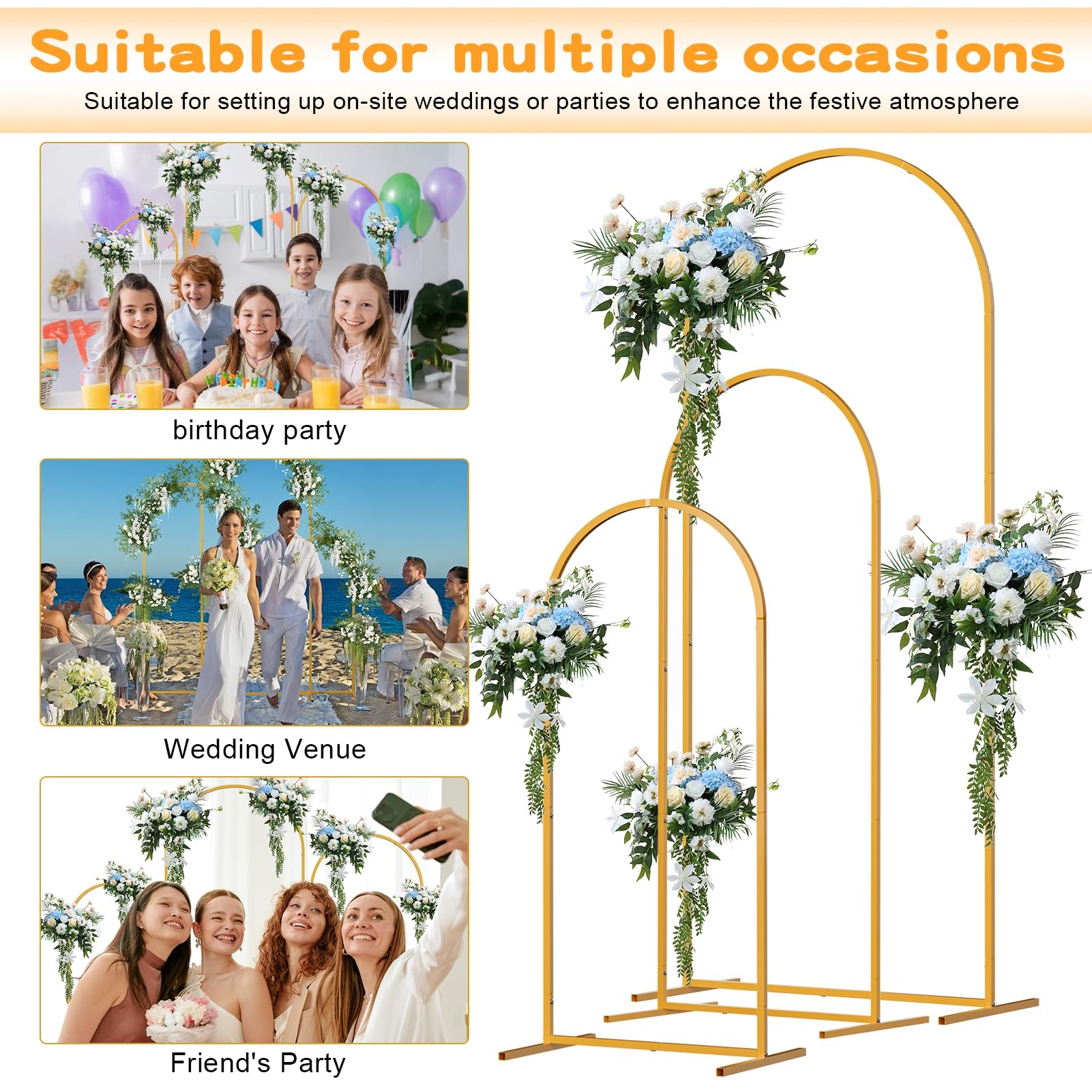 Support d'arche de Mariage, Arche Mariage en Métal Doré Lot de 3 Supports d'Arrière-Plan Cadrés pour Cérémonie, Anniversaire, Baby Shower, Décoration de Fête et Jardin Doré