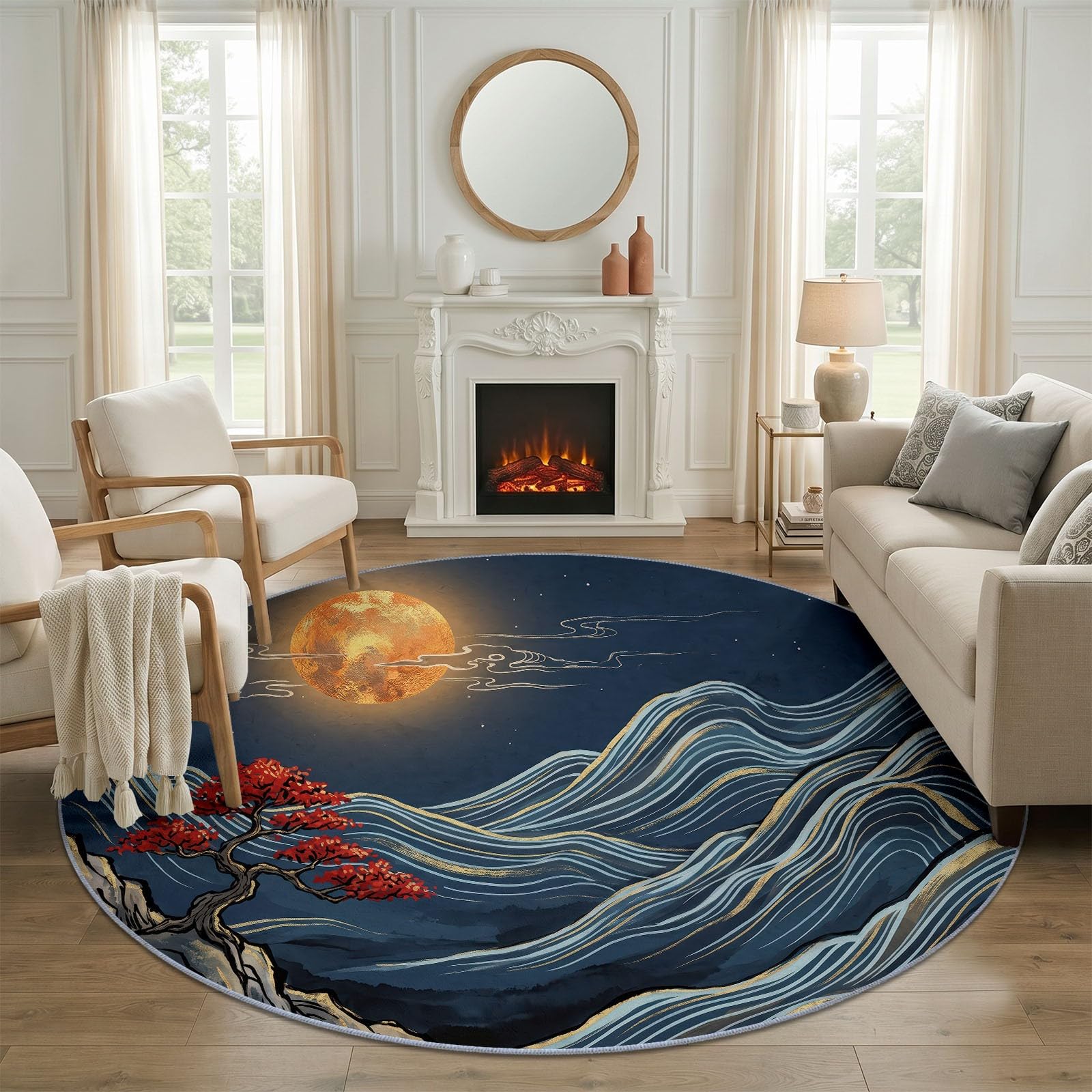 Tapis Rond de Salon 100 cm, Moderne Classique Montagnes Lune Imprimé - Bleu pour Salle à Manger Bureau Chambre, Lavable en Machine et Poil Court Tapis Rond avec Dos Antidérapant