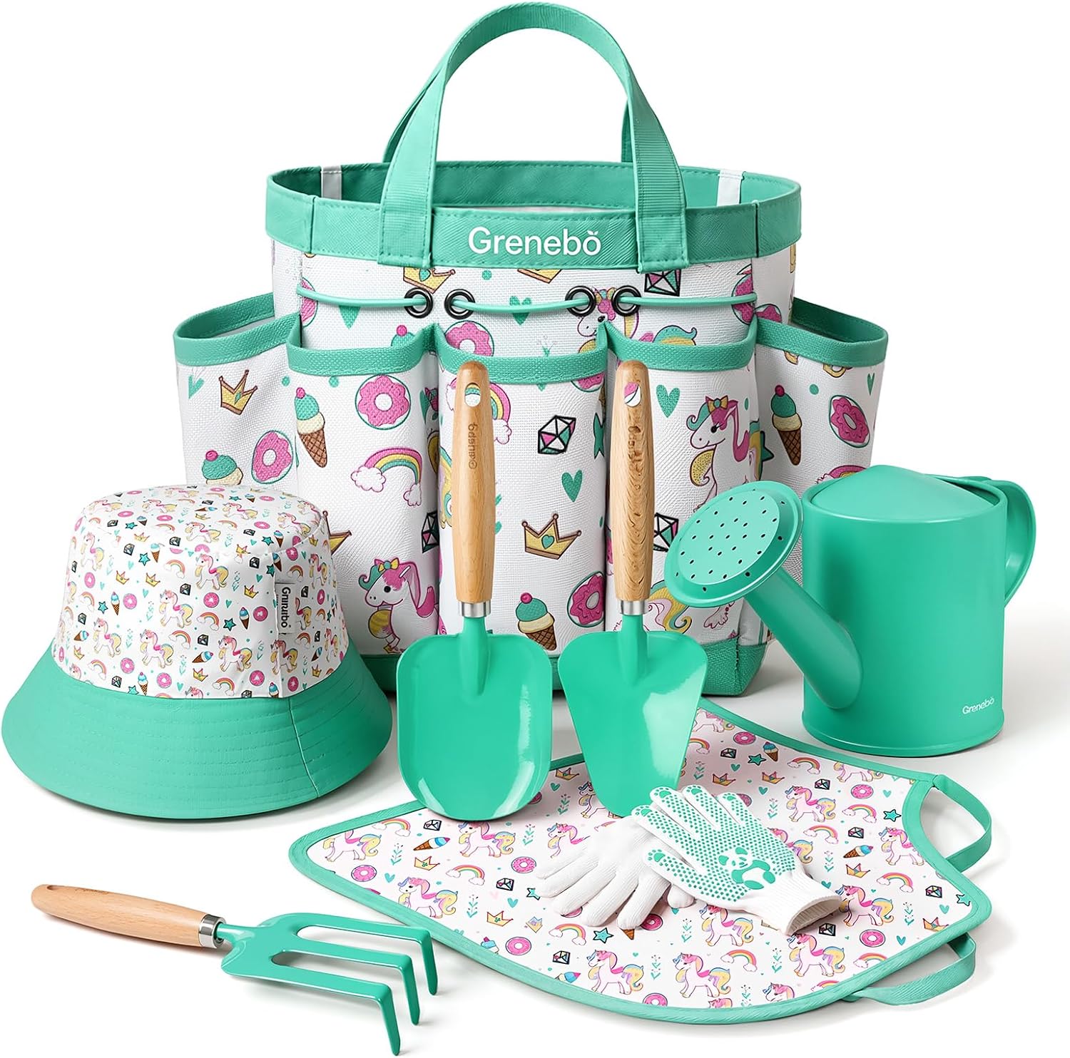 Grenebo 8-Piece Kids Gardening Set with Garden Tools for Kids, Lake Green