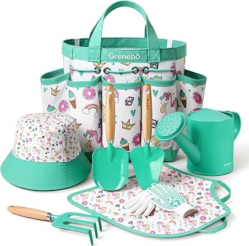 Grenebo 8-Piece Kids Gardening Set with Garden Tools for Kids, Lake Green