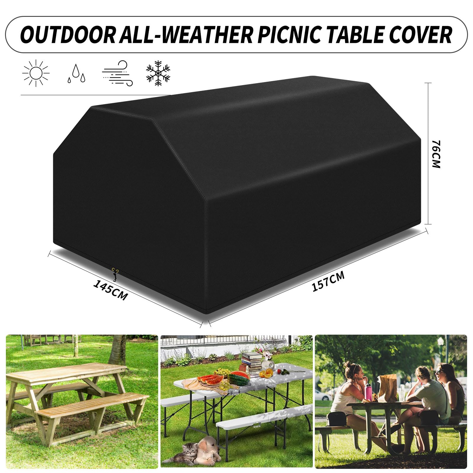PATIO PLUS Picnic Table Cover Waterproof,Heavy Duty 420D Oxford Fabric Garden Furniture Cover( 157x145x76cm, Black) - Image 2