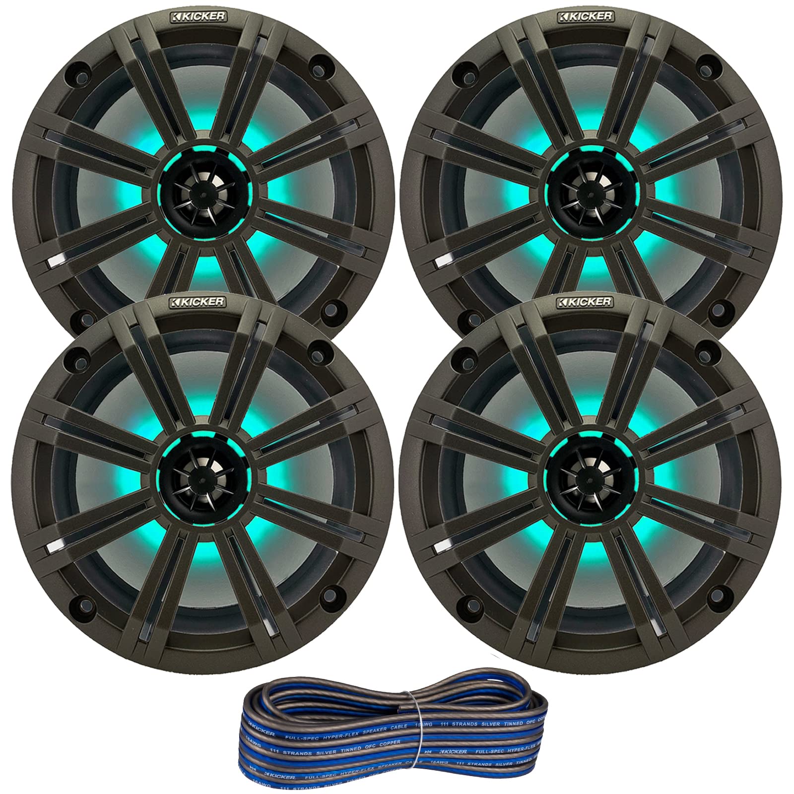 2 Pair (QTY 4) of Kicker 8" 2-Way 300 Watts Max Power Coaxial Marine Audio MultiColor LED Speakers with Charcoal Grilles, 50-Feet 16-Gauge Speaker
