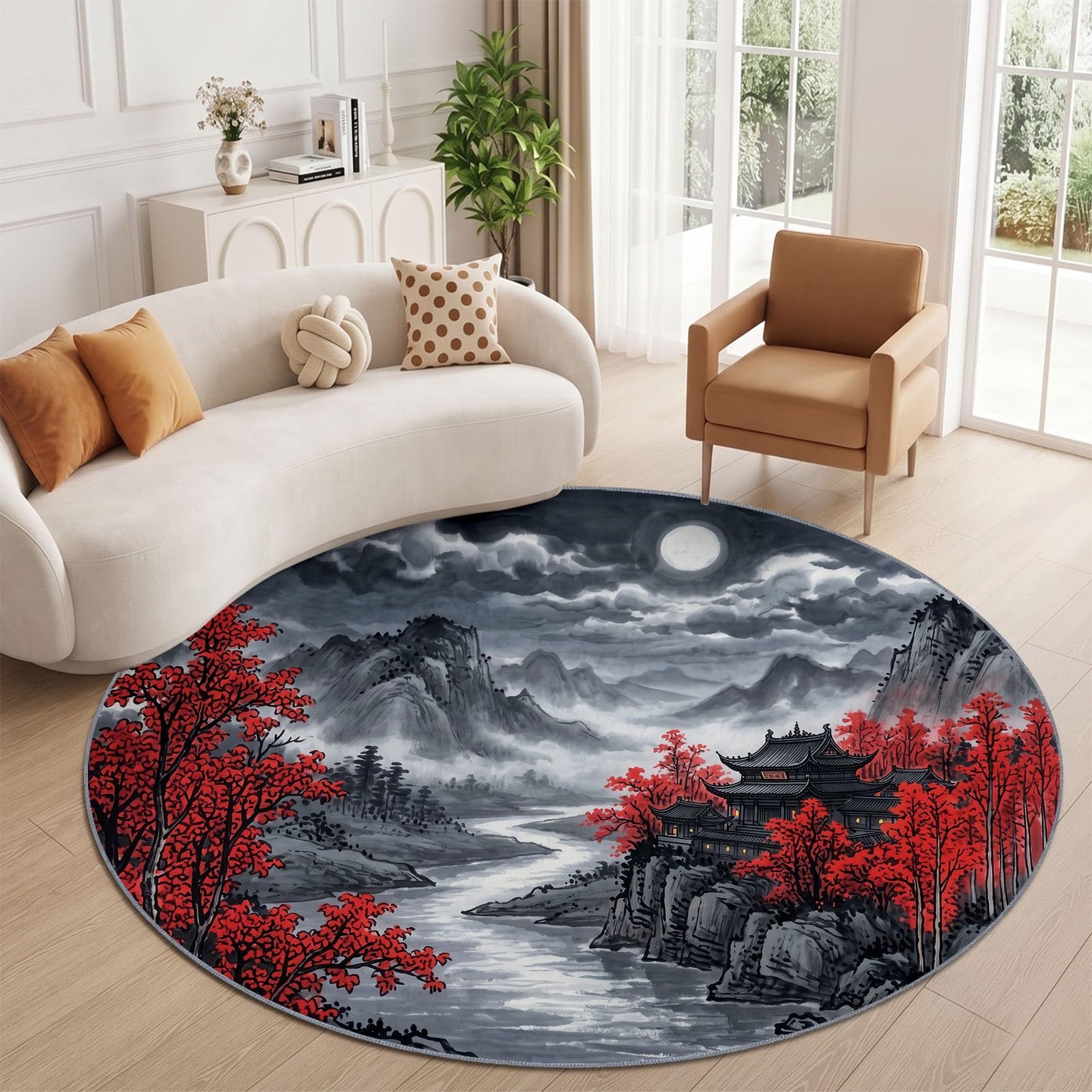 Tapis Rond 100 cm Lavable Machine, Moquette Antidérapante Poil Bas Doux, Rétro Lune Rivière Montagnes Tapis pour Salon Chambre Salle à Manger Nursery Dortoir Enfants, Gris