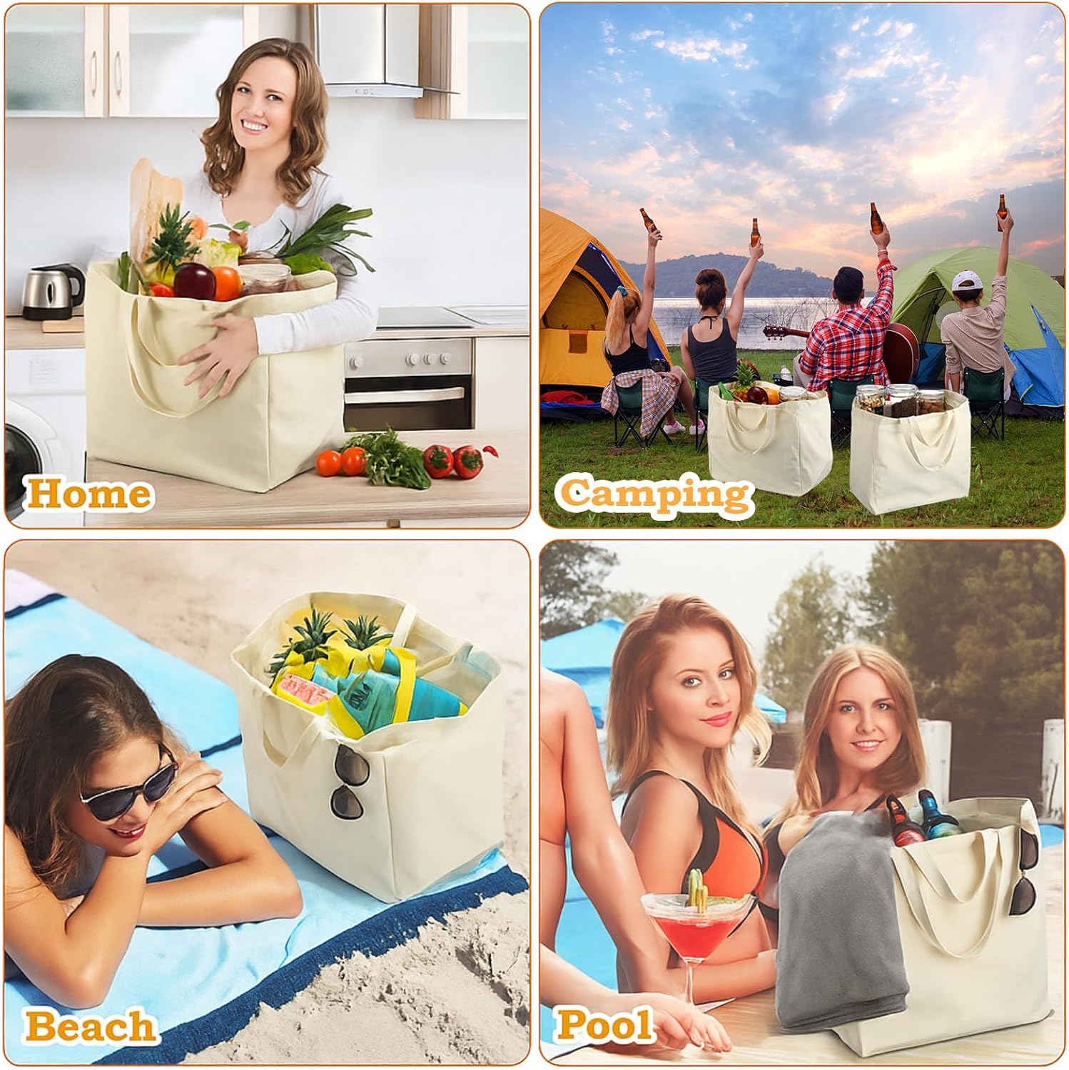 Paterr 6 Pcs Reusable Canvas Grocery Shopping Bag with Real Pockets XL Tote Bags for Groceries, Heavy Duty, Foldable and Washable Shopping Bags, Short and Long Handles