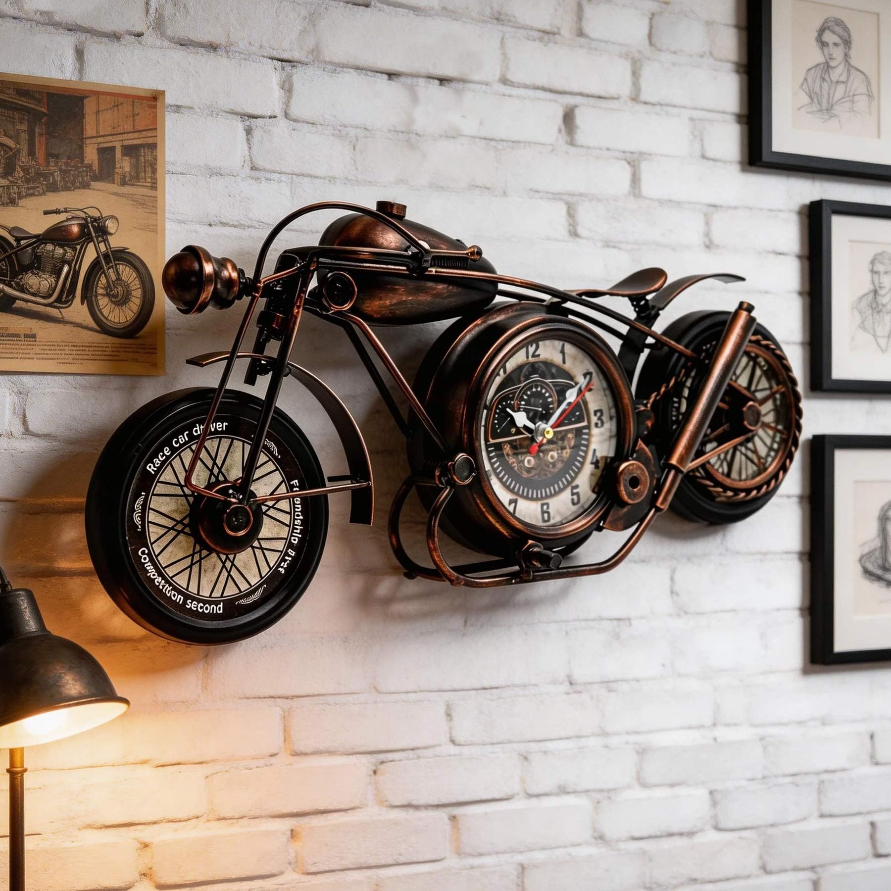 YOUKI Metalowy motocykl sztuka dekoracja ścienna zegar biurkowy nie tykający zasilany bateriami dom dekoracyjny pomysł na prezent, dekoracje ścienne do sypialni biura 43 x 4,5 x 19,5 cm, brąz