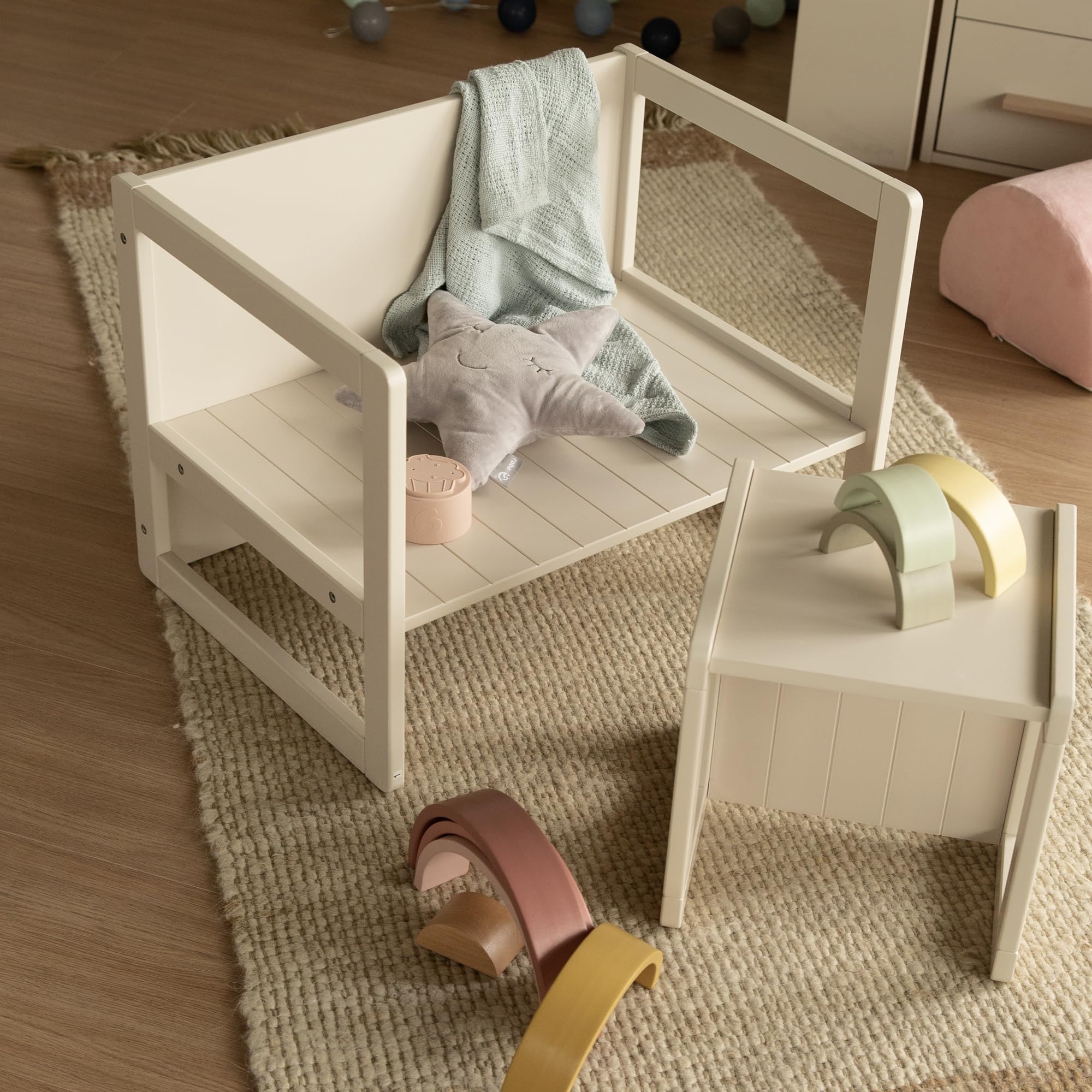 roba Sitzbank für Kinder im Landhausstil - Bank zum Wenden mit 2 Sitzhöhen - als Kindertisch verwendbar - Holz beige/Cashmere