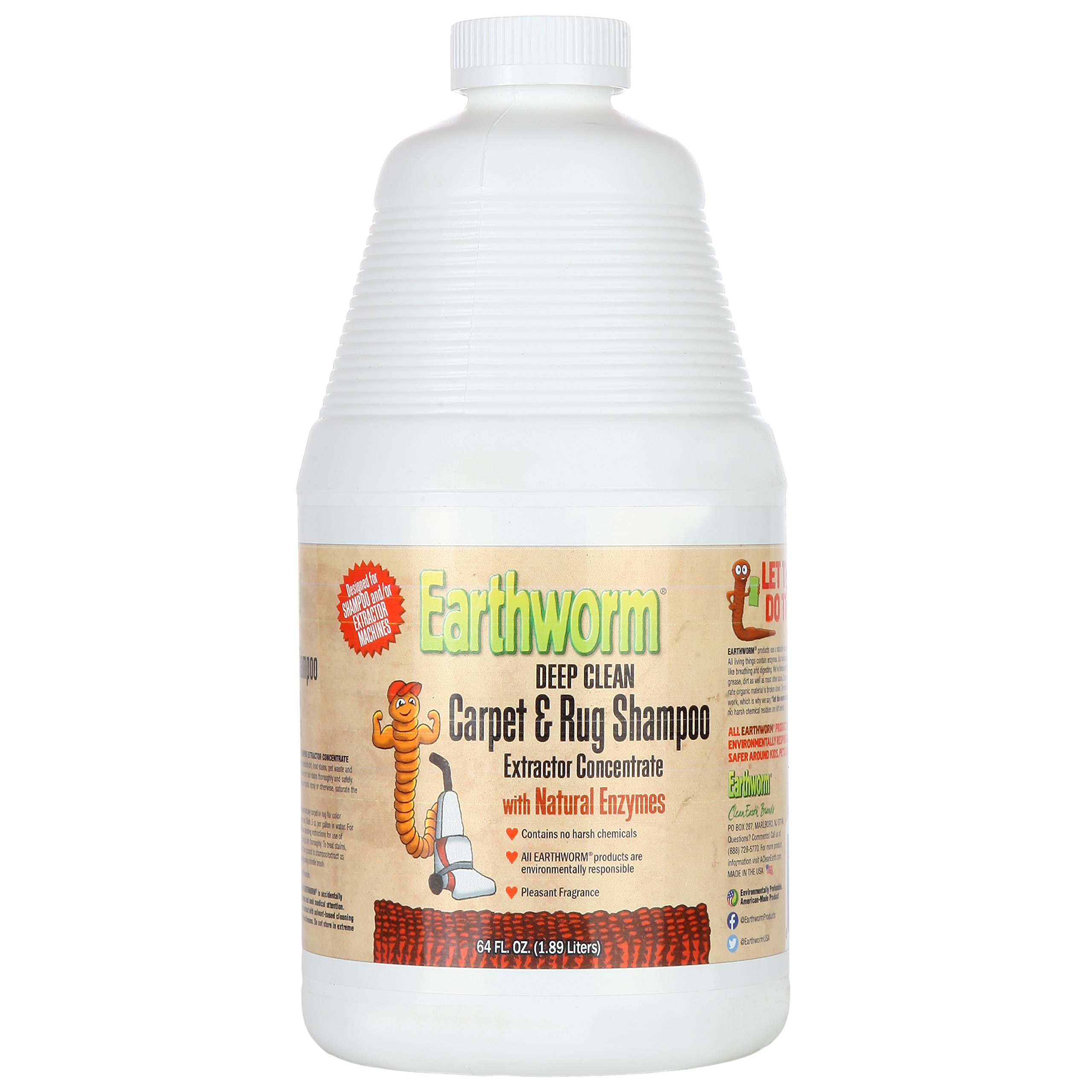Earthworm Deep Clean Carpet & Rug Shampoo Extractor Concentrate - Natural Enzymes, Safer for Family, Environmentally Responsible - 64 Oz
