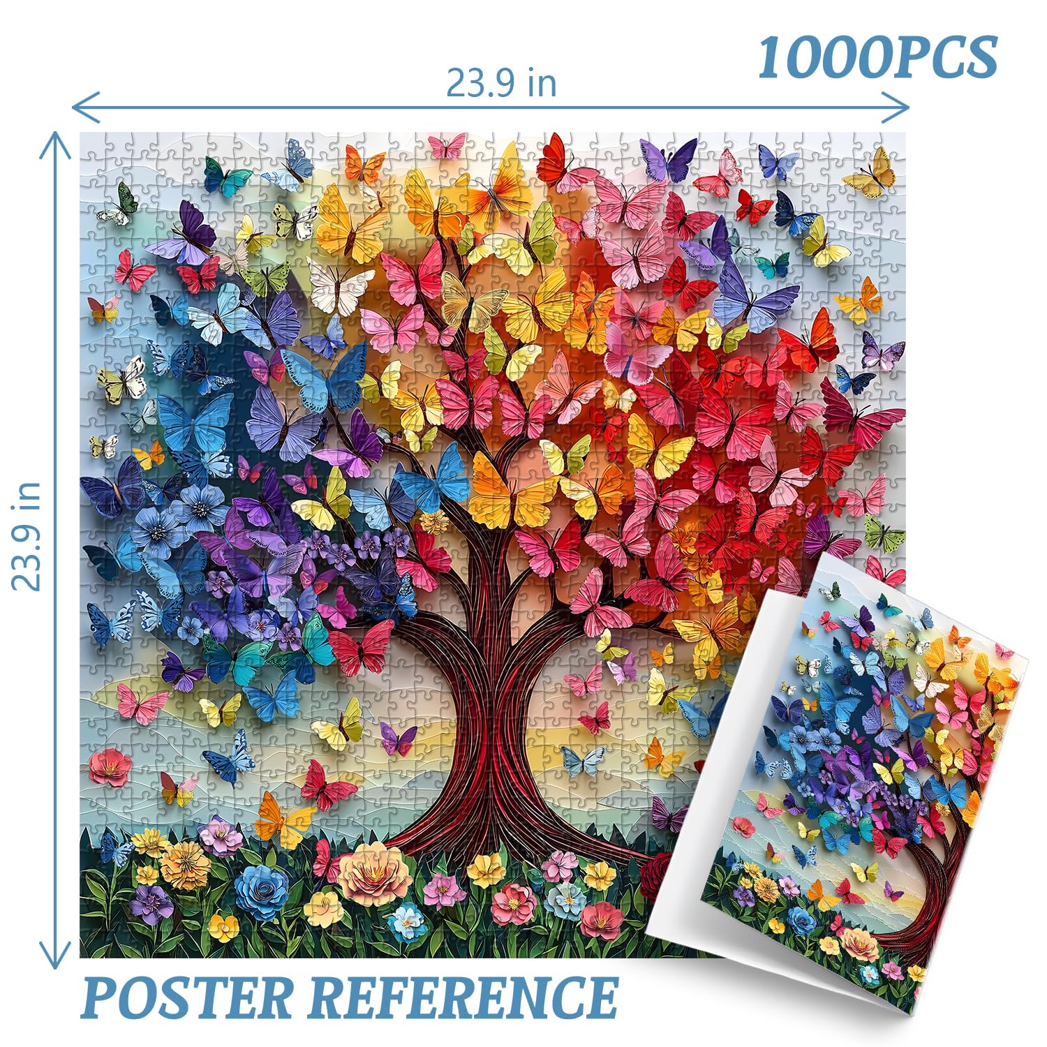 Rompecabezas coloridos de mariposa para adultos, 1000 piezas, árbol de la vida, rompecabezas floral arcoíris, tema único de arte de flores de primavera como decoración del hogar 5