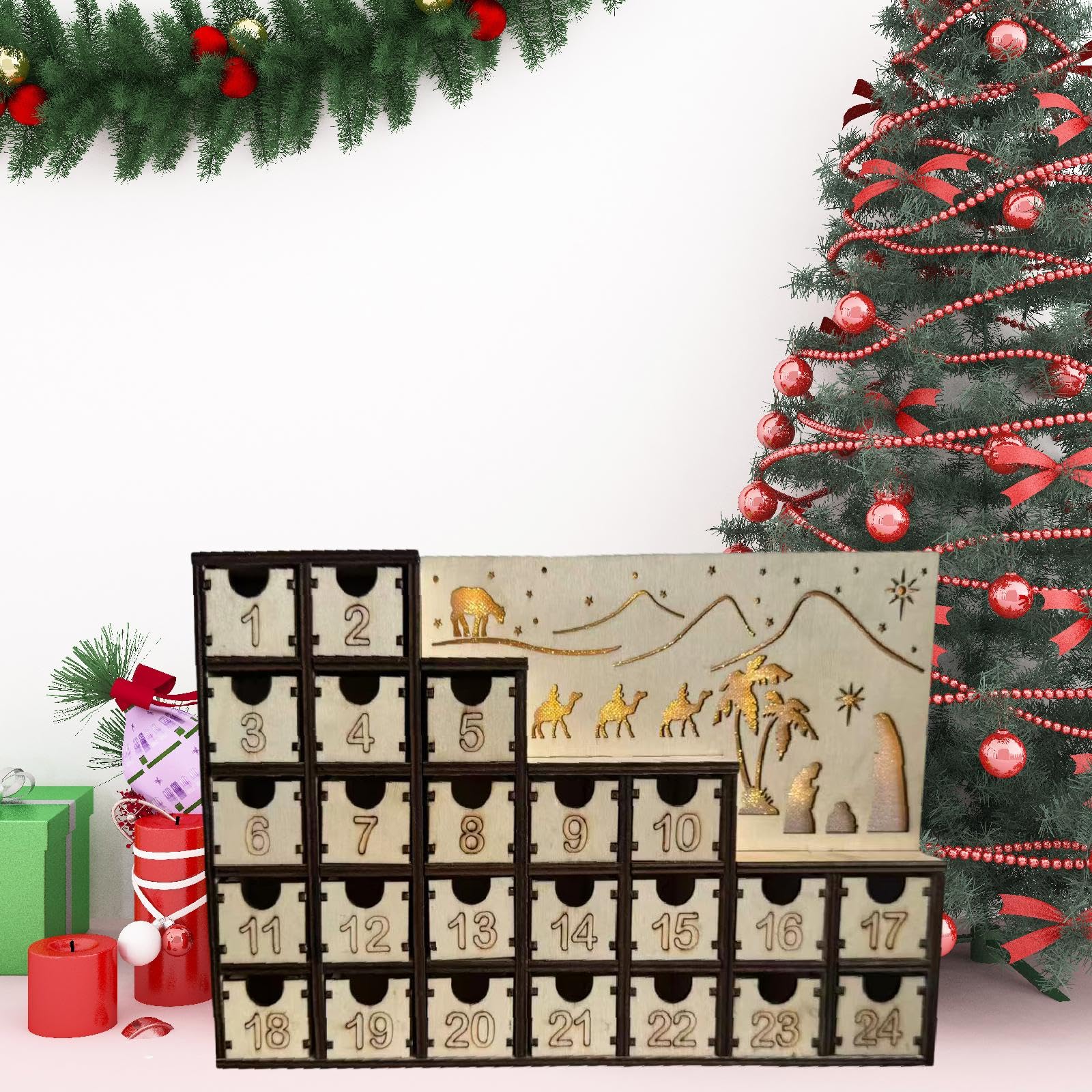 predolo Weihnachtskalender Adventskalender Holz mit 24 Schubladen Dekoratives LED Licht Kreative Aufbewahrung Festliches Sammelstück für Wohnzimmer