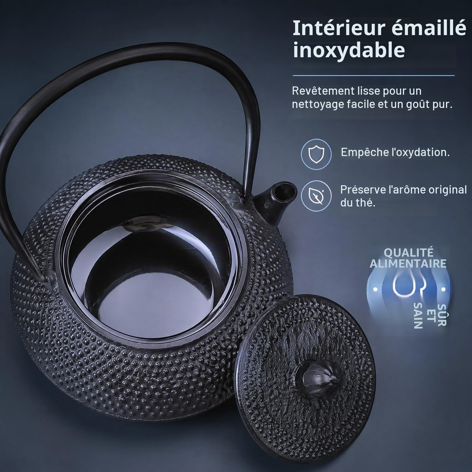 Théière traditionnelle japonaise en fonte - Noire - 800 ml | Design lourd, motif texturé, style asiatique avec intérieur émaillé et passoire à thé en acier inoxydable