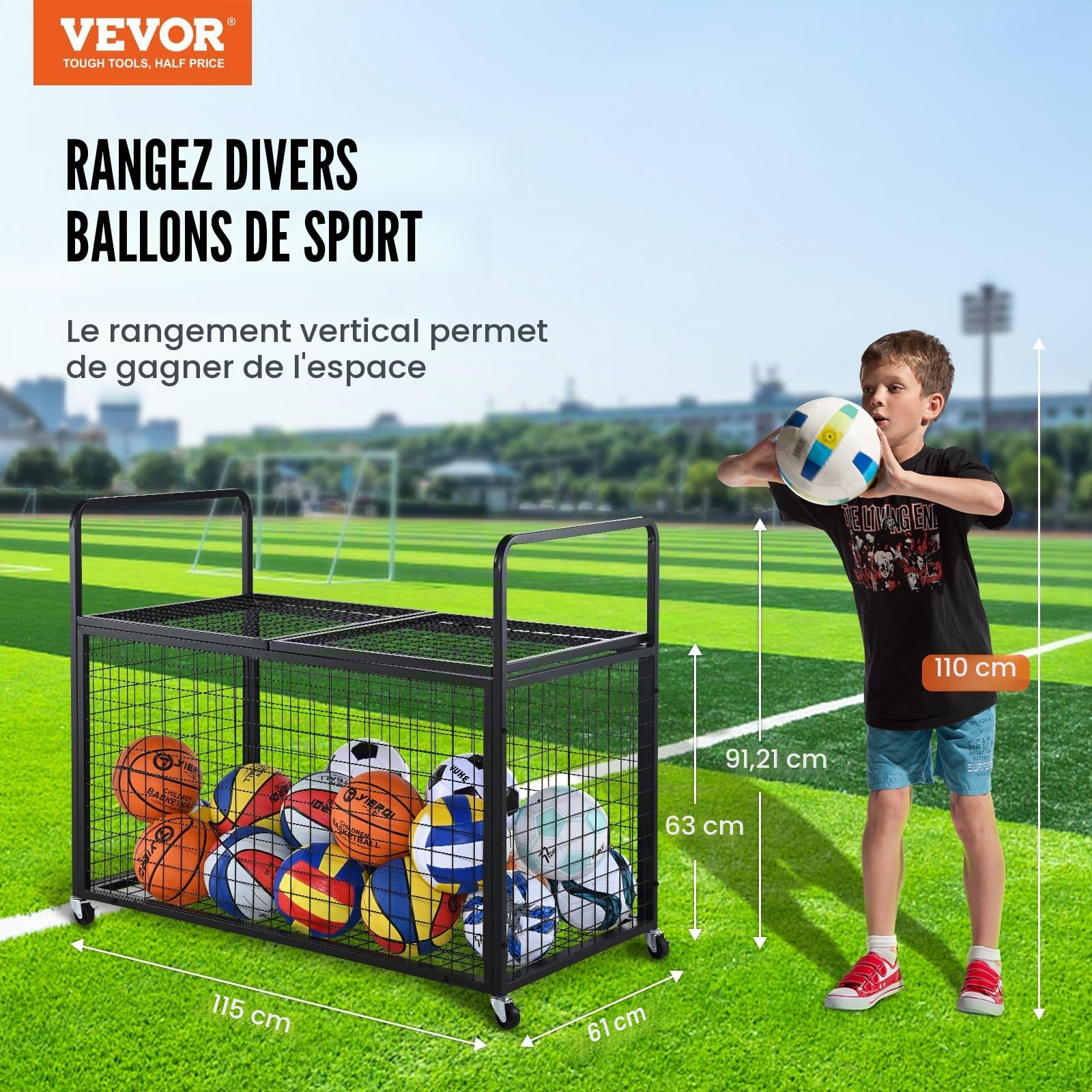 VEVOR Chariot à Ballons Verrouillable 115x61x91,2 cm Cage de Rangement pour Ballon Mobile avec 4 roulettes et Freins en Acier Organisateur pour Matériels Sportifs Gym École Garage Intérieur Extérieur