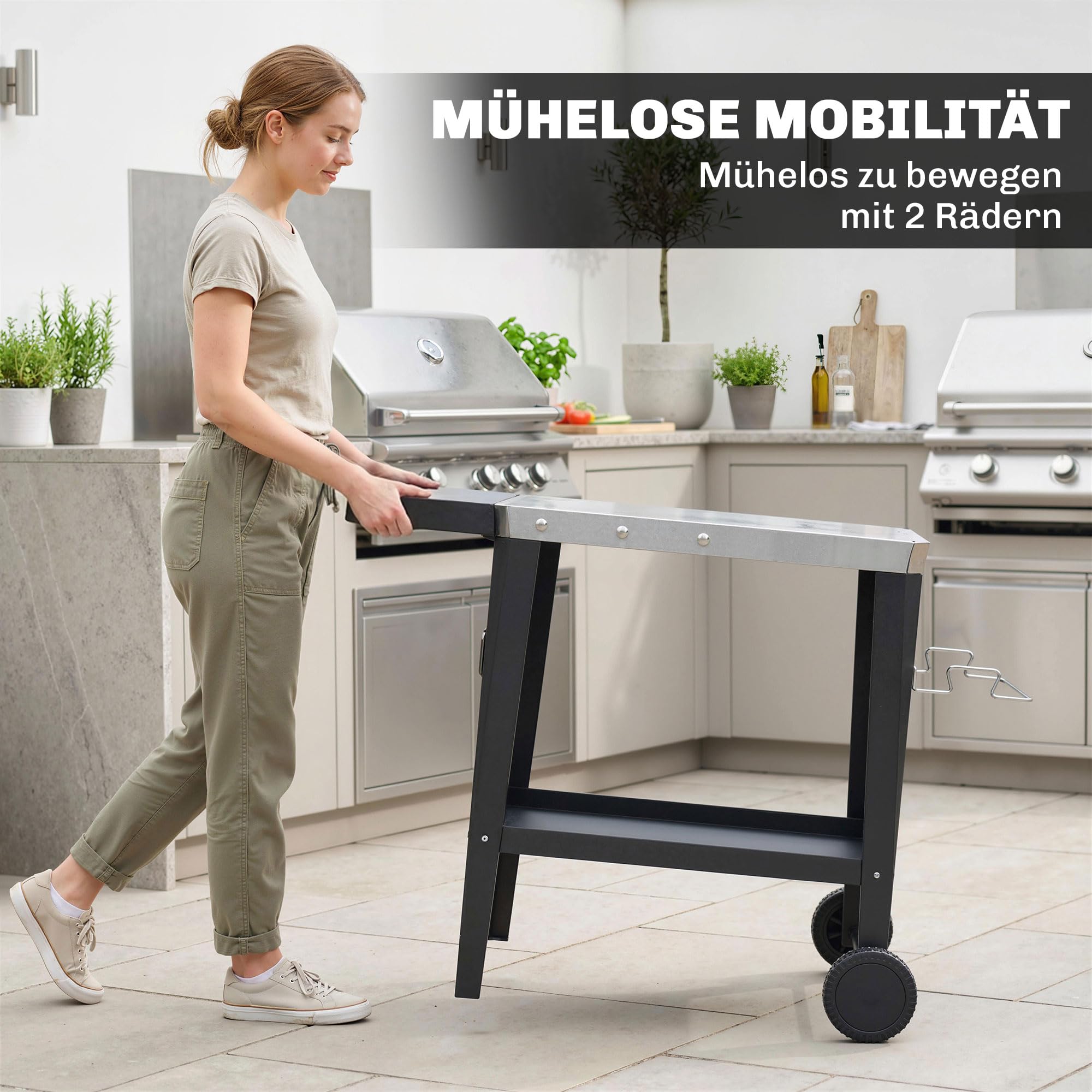 Outsunny Küchenwagen mit Rollen, Servierwagen, Rollwagen mit Haken, Papierrollenhalter, Müllsackständer, Küchenhilfe, BBQ Grilltisch aus Edelstahl Küchentrolley, 115 x 67,5 x 80,5 cm Schwarz