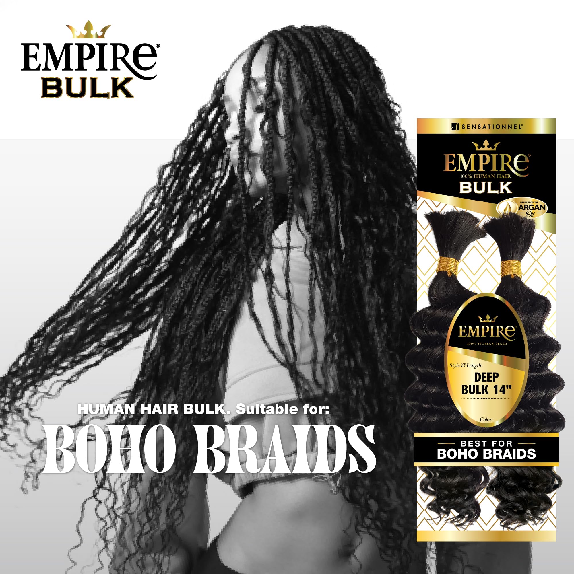 Sensationnel Empire bulk braiding - deep human hair braids for knotless boho box or curly loose wave styles (14 inch, 1B OFFBLACK) - Image 4