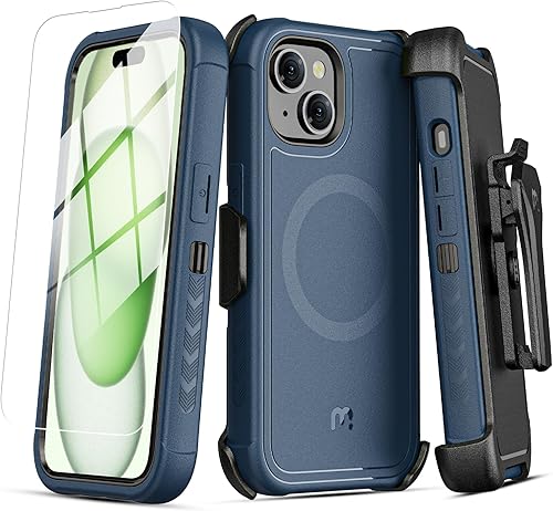 MYBAT PRO Maverick Series - Funda para iPhone 15 Plus con clip para cinturón, compatible con MagSafe, con protector de pantalla, anticaídas, a