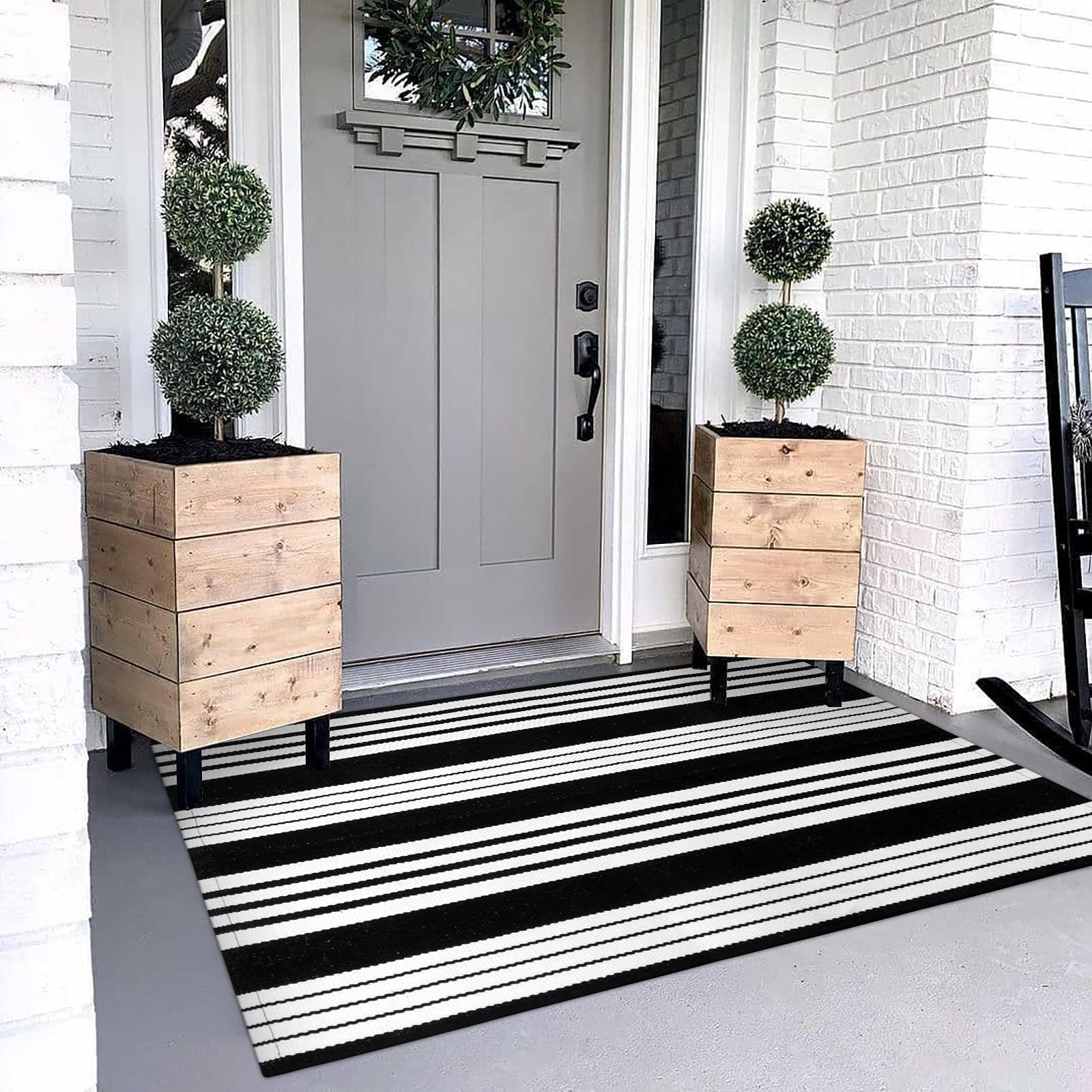 OJIA Black & White Outdoor Rug 3x5 Cotton Hand-Woven Striped Porch Rugs Machine Washable Entryway Rug Indoor Outdoor Area Rug Front Door Rug Floor Mat