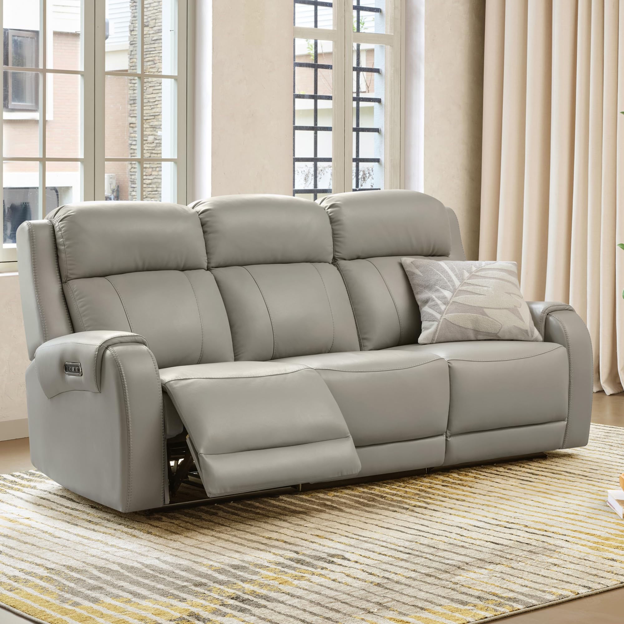 CHITA Genuine Leather Power Recliner Sofa, 3 Seater Reclining Sofa, Grey