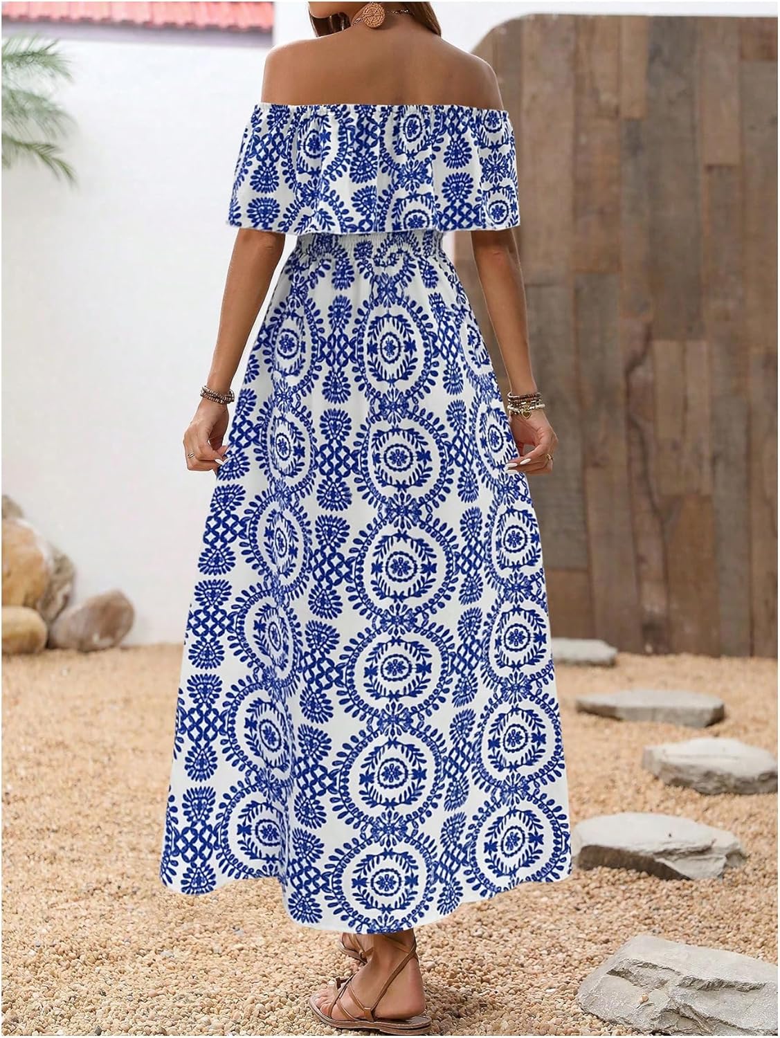 MakeMeChic Women's Floral Print Boho Summer Dress Off Shoulder Shirred Split Thigh Midi Long Dresses - Image 2