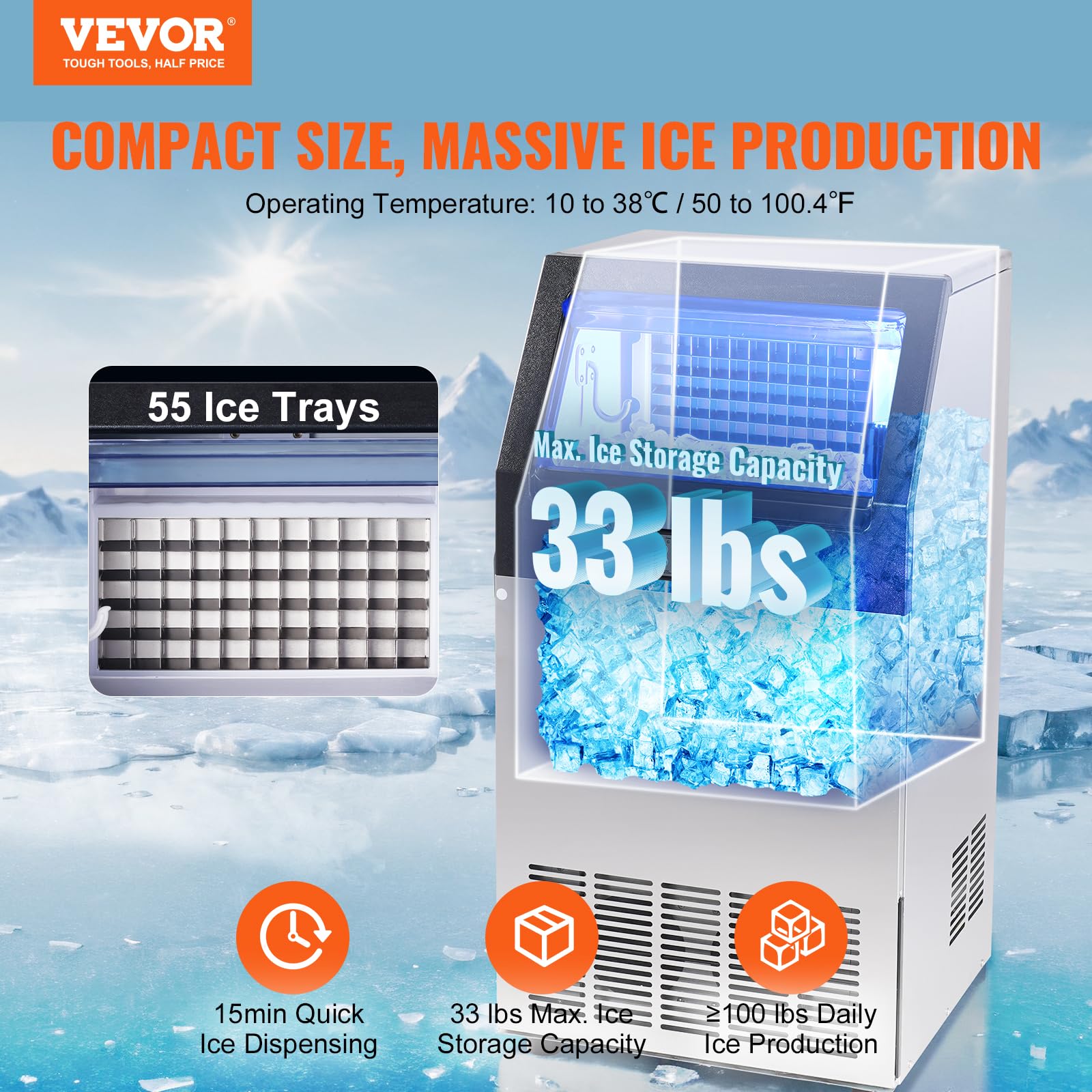 VEVOR Kommerzieller Eisbereiter 45 kg/24 h Eiswürfelmaschine 55 Eiswürfel in 12–15 Minuten Freistehender Schrank-Eisbereiter 15 kg Speicherkapazität LED-Digitalanzeige Silber