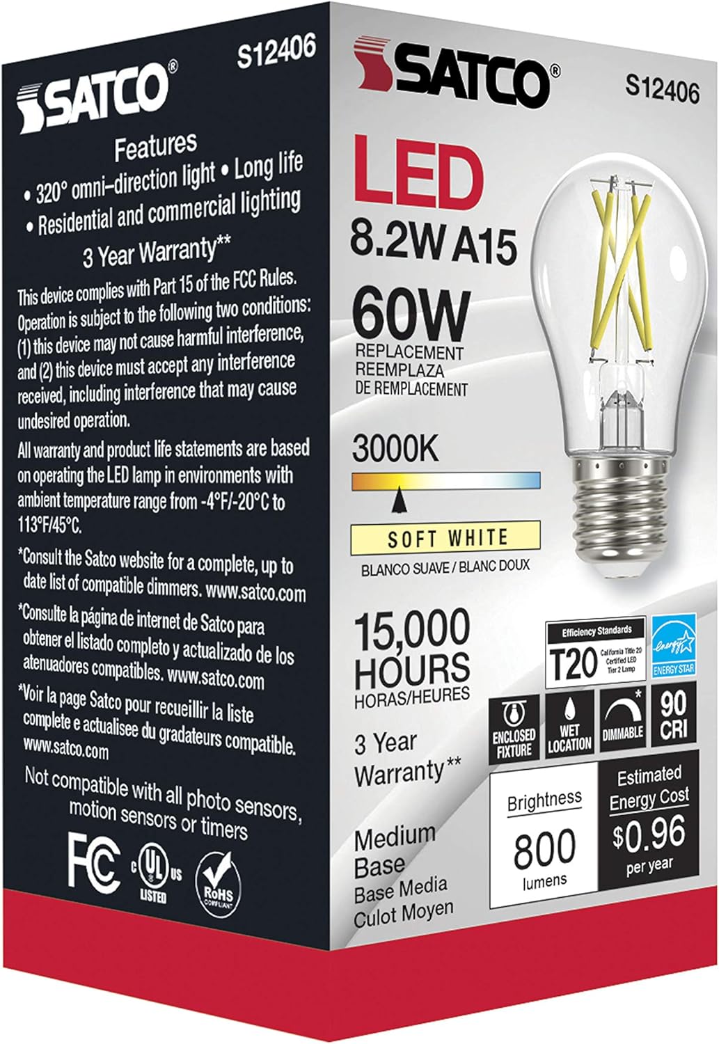 SATCO S12406 Vintage Dimmable LED Filament Bulbs High Lumens 8.2 Watt 120 Volt A15 Soft White Light 3000K (6 LED Light Bulbs)