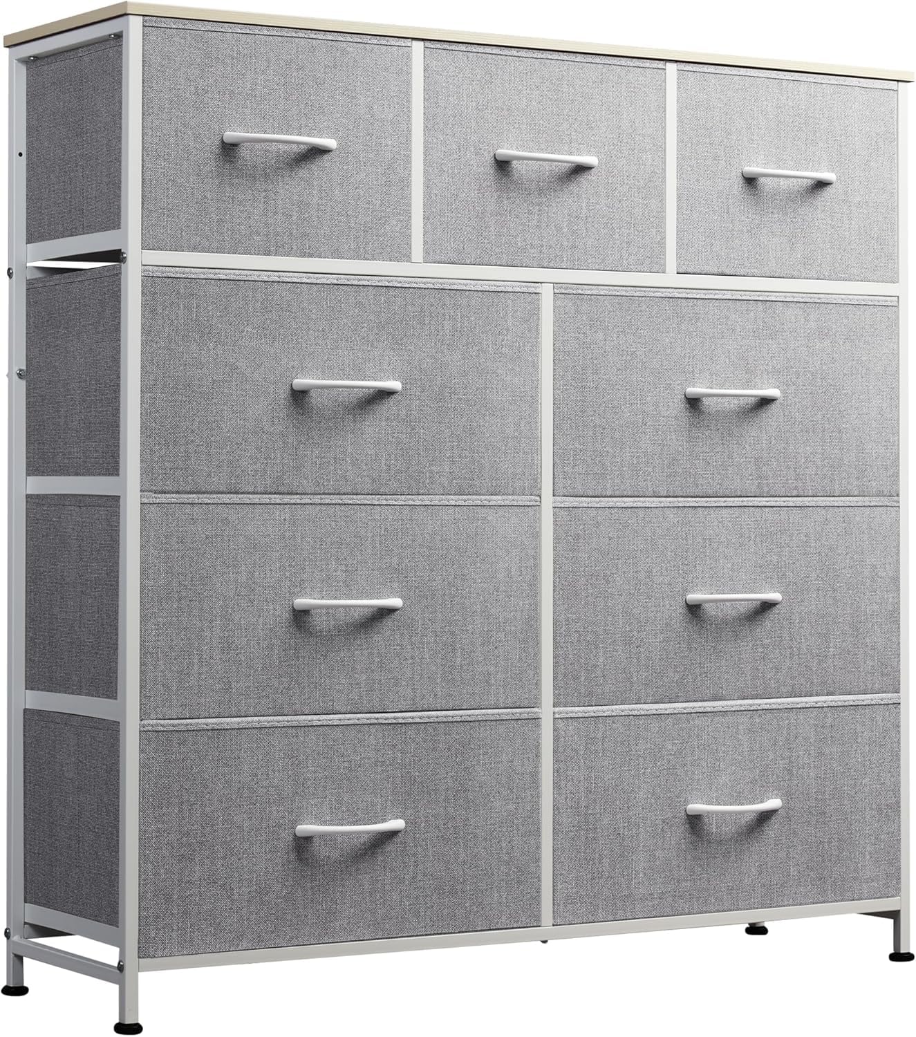 WLIVE Commode Tiroirs, Tour Rangement Tissu pour Chambre, Couloir, Entrée, Placard, Unité Haute Bacs Tissu, Cadre Acier, Plateau Bois (Gris Clair, 9 Tiroirs)