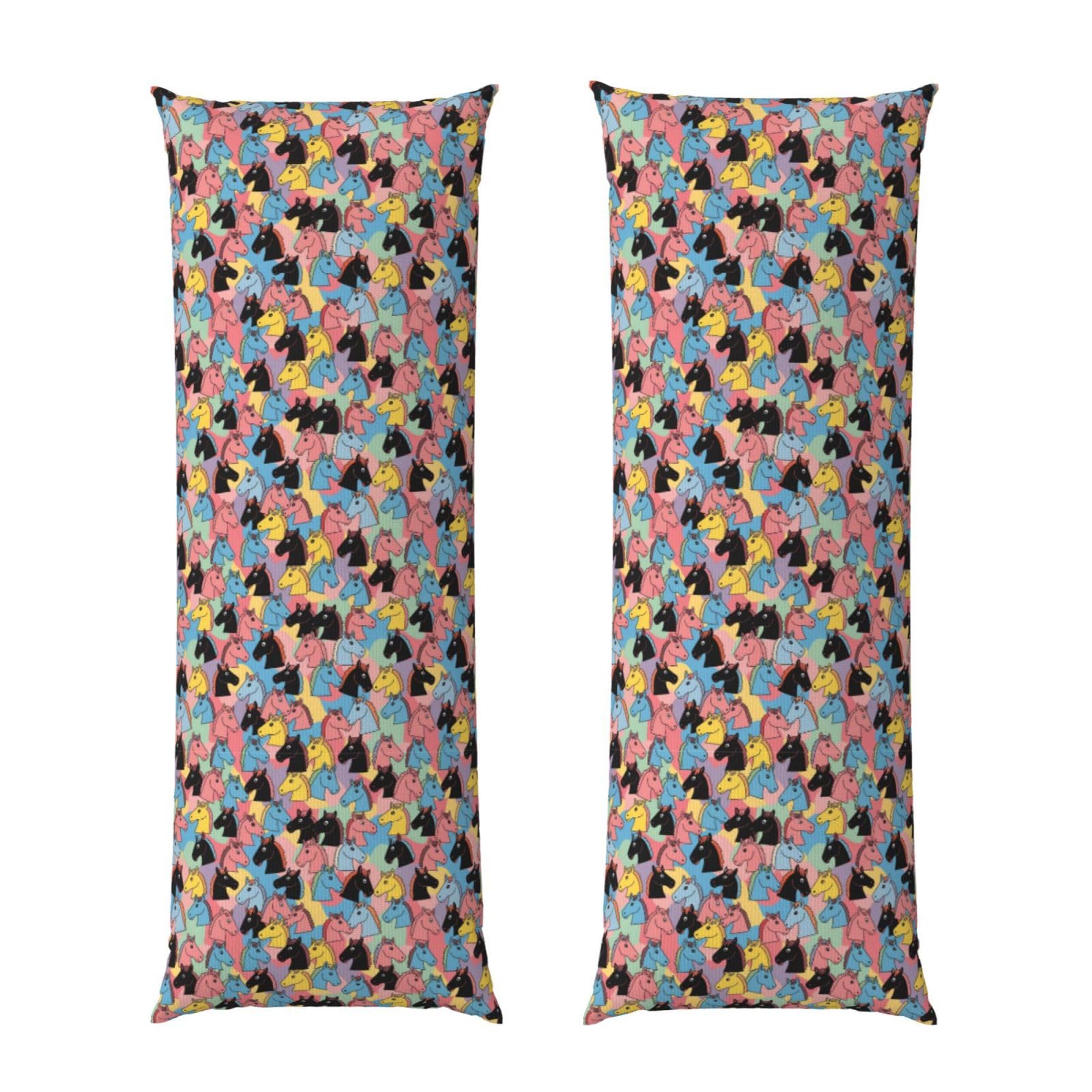 Long Pillowcase 20x54, Colourful Cartoon Horses, Soft Velvet Pillow Cover with Hidden Zipper, Plush Cushion Protector for Bedroom Sofa Couch Sleeping