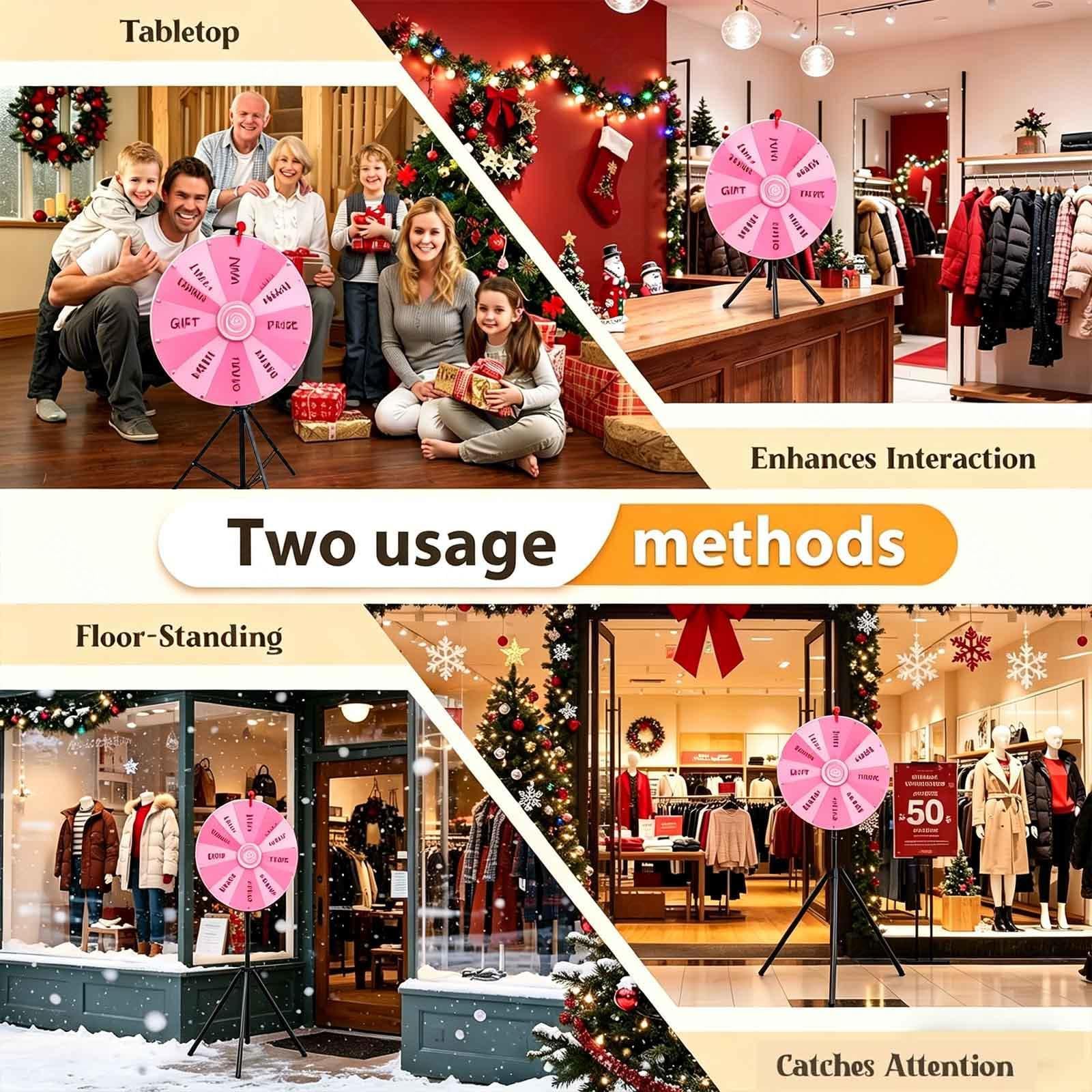 60cm Ruleta Giratoria Altura Ajustable 100-200cm, Spin Wheel con 14 Ranuras para Palabras Fiestas Carnaval,Pink