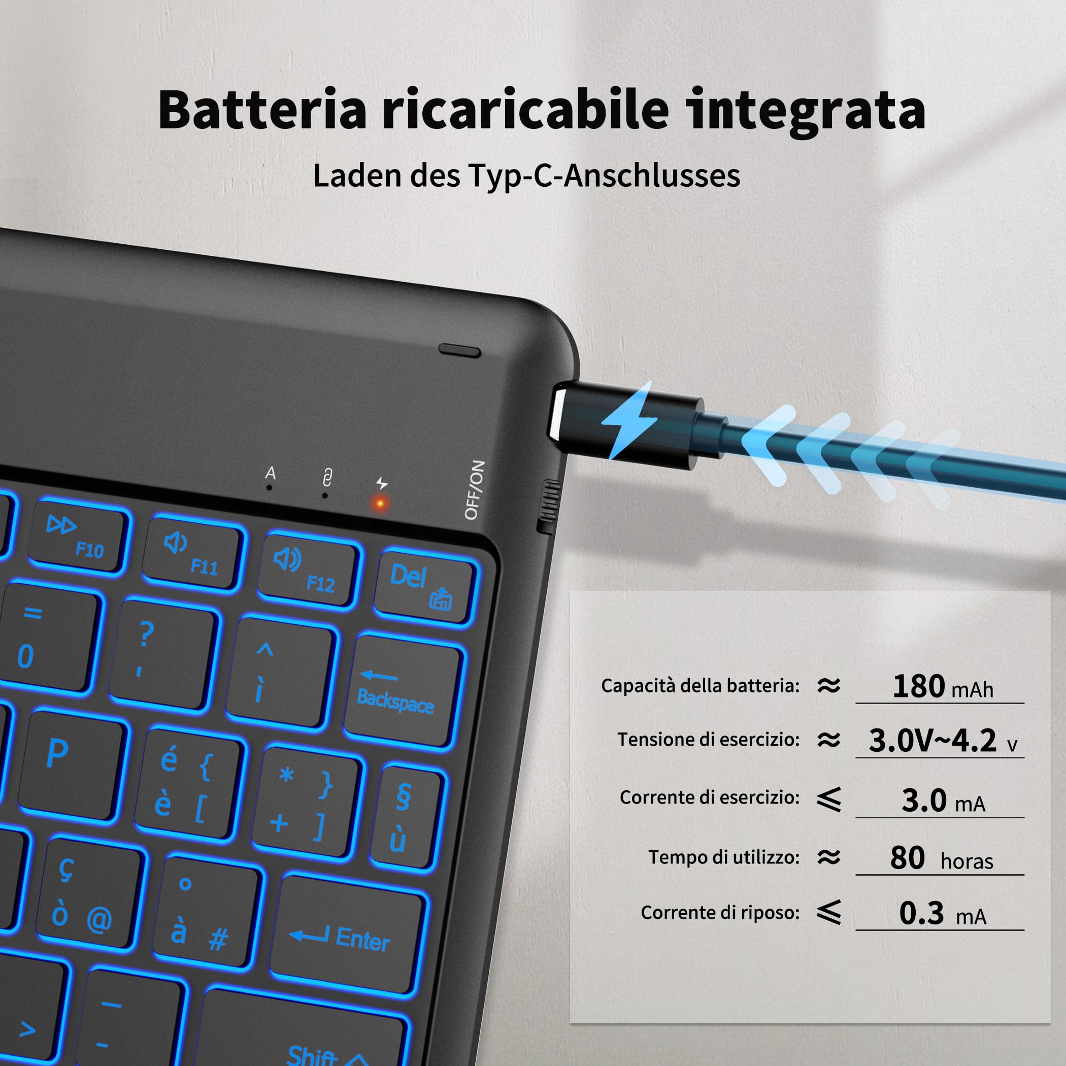 EasyAcc Tastiera Bluetooth Wireless con Windows/Android/iOS, Tastiera Portatile con Tablet Layout Italia, Tastiera Tablet, Retroilluminata