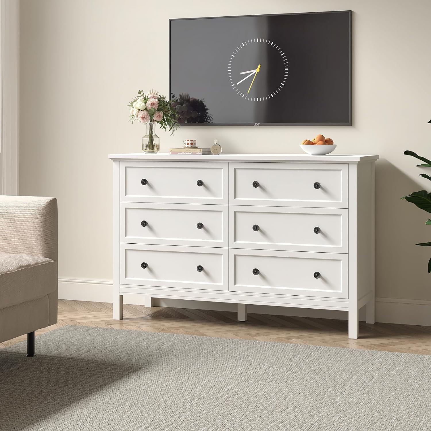 LYNSOM White Dresser for Bedroom, Modern 6 Drawer Double Dresser with Deep Drawer and Metal Handle, Wood Dressers & Chests of Drawers for Hallway, Entryway