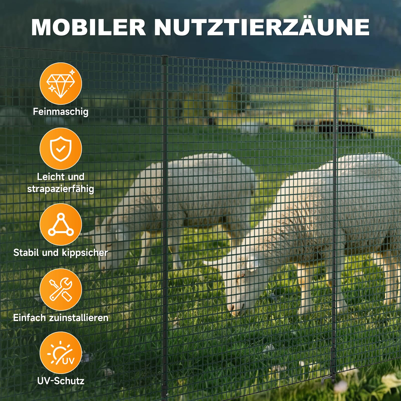 TEOV Mobiler Hundezaun 20m x 0.9m, Tragbarer Camping Zaun Komplett-Set, Universal Begrenzungszaun für Garten, Weide & Outdoor, Einfache Installation ohne Werkzeug
