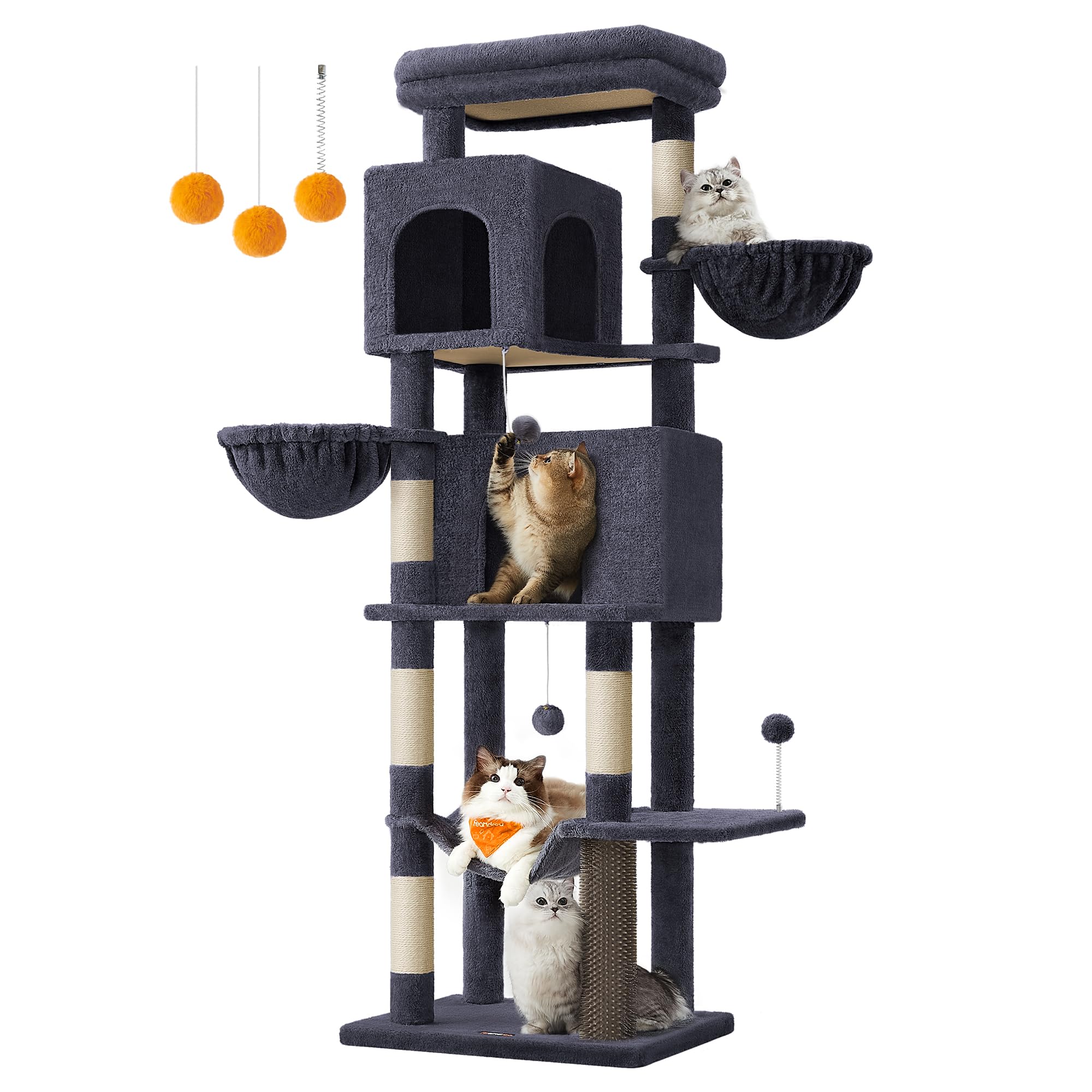 Feandrea Large Cat Tree, 175 cm Tall Cat Tower, Multi-Level Cat Condo with 2 Caves, 2 Baskets, 5 Scratching Posts, Self-Groomer, Perch, Hammock, for Indoor Cats, Dark Grey PCT182G02The Forest Stewardship Council