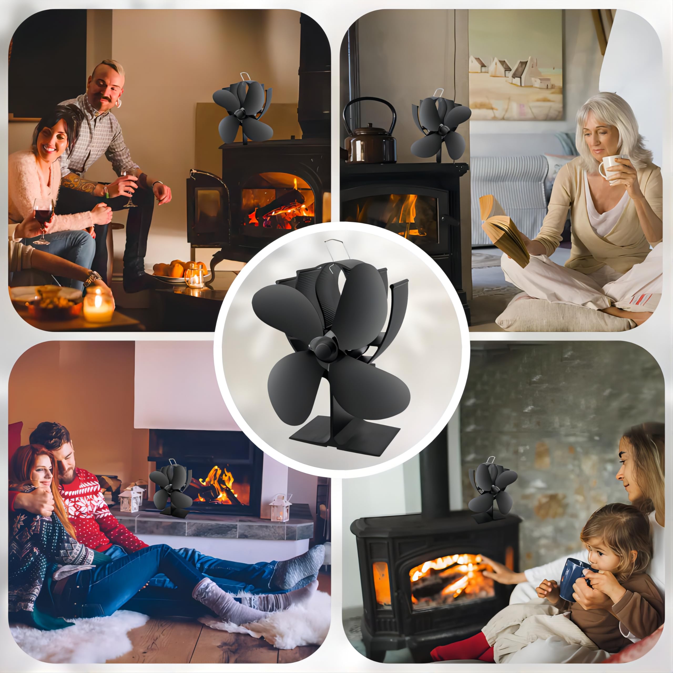 Kaminventilator, Ofenventilator Ohne Strom mit 4 Blättern Kaminbesteck, Leiser Betrieb Wärmebetriebener Ventilator für Kaminofen, Kamin Ventilator für Holzbrenner und Kamin