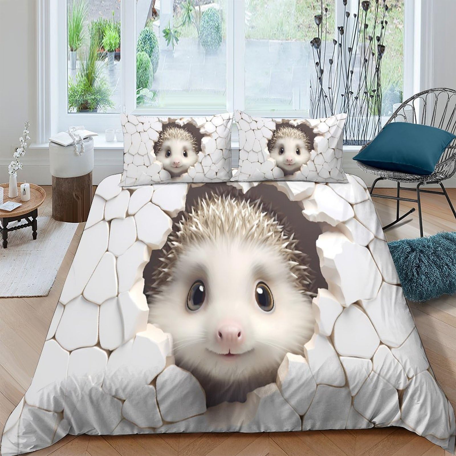 GPLZQXKJNH 3D Printed Hedgehog Cracked Wall Duvet Cover Set Microfiber Soft Breathable with 2 Pillowcases for Bedroom Decor, Single（135x200cm）