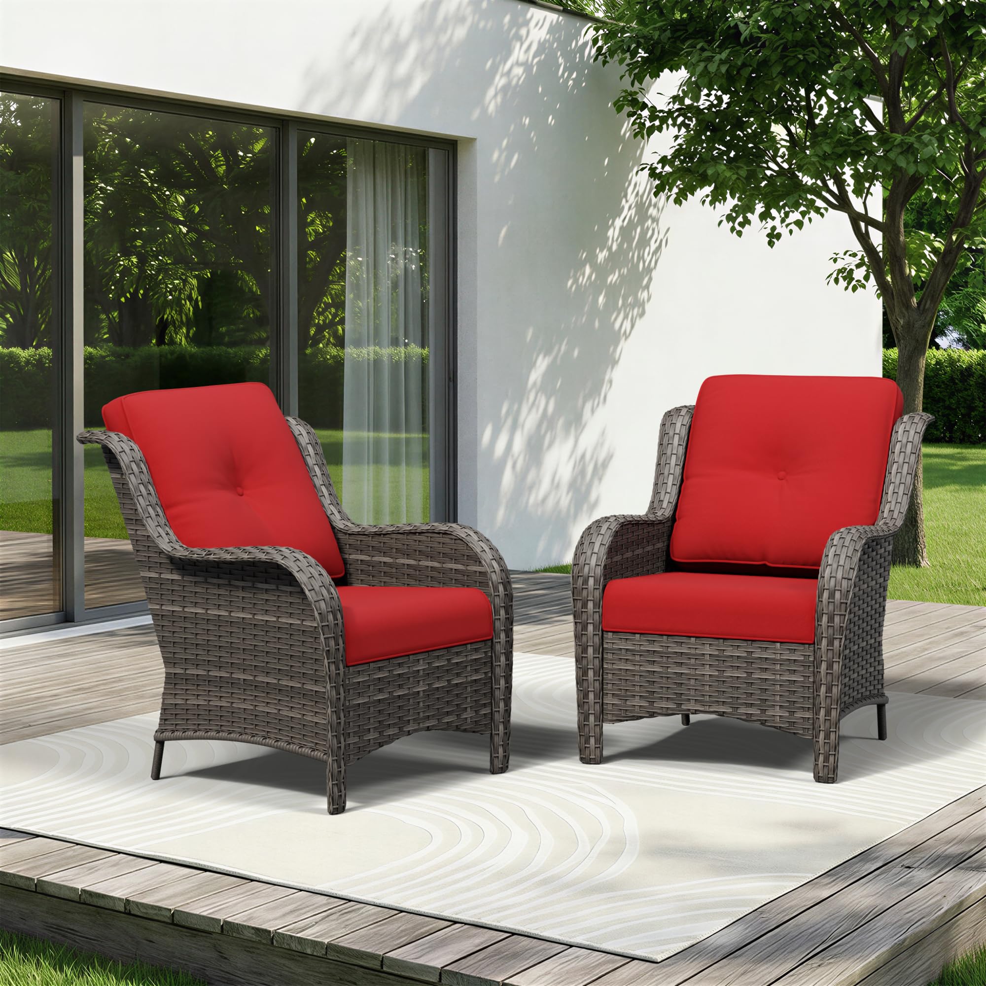 Patio Chairs Set of 2, Outdoor Wicker Patio Furniture Set with Thickened Olefin Cushions, High Back and Deep Seating, Wide Curved Armrest Hand-Woven PE Rattan for Porch, Deck, Red