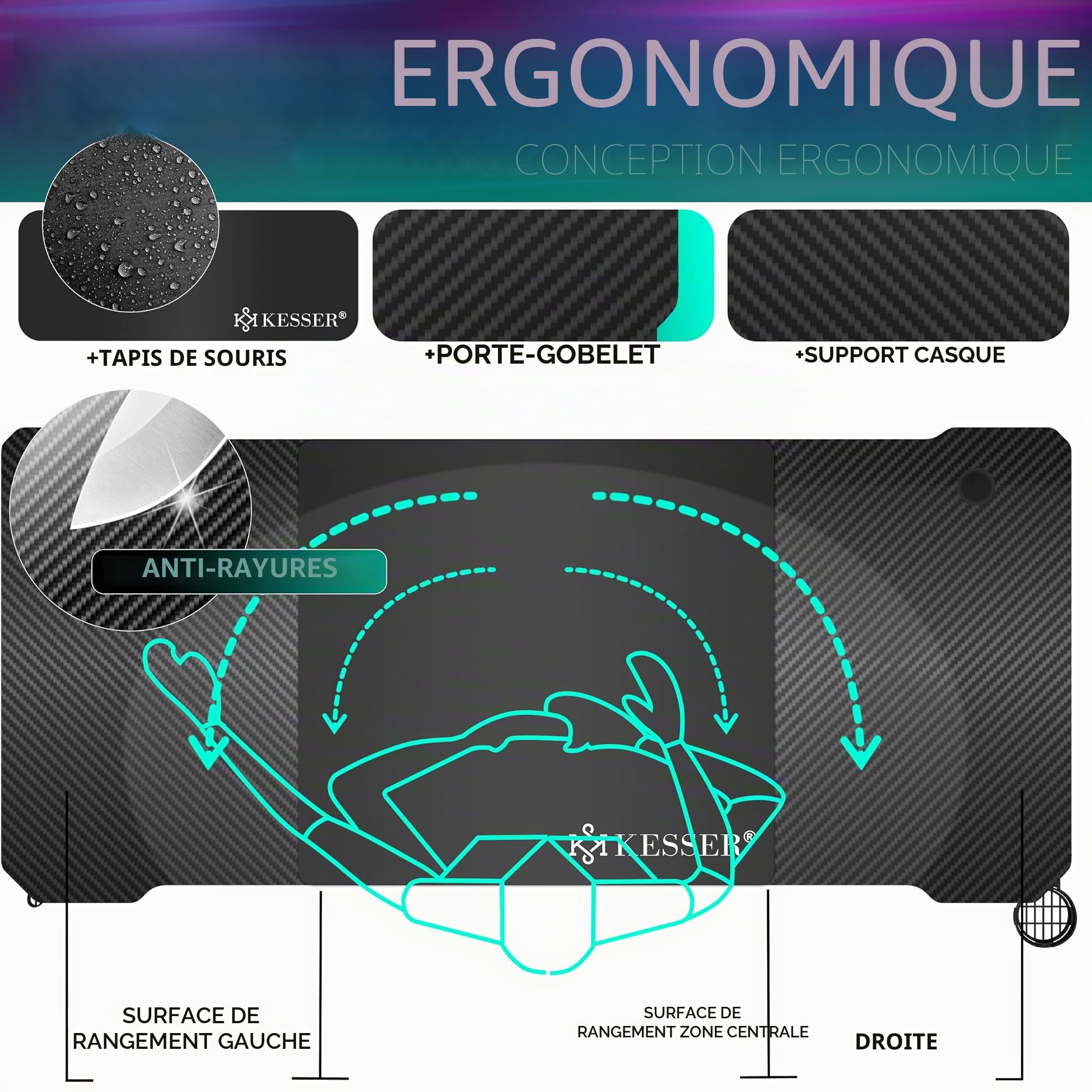 KESSER® Table de Jeu - 160 x 60 cm - Bureau Gamer en Forme de Z - Crochet pour Casque et revêtement en Carbone - Bureau d'ordinateur Ergonomique - Table Stable avec Porte-gobelet - Noir