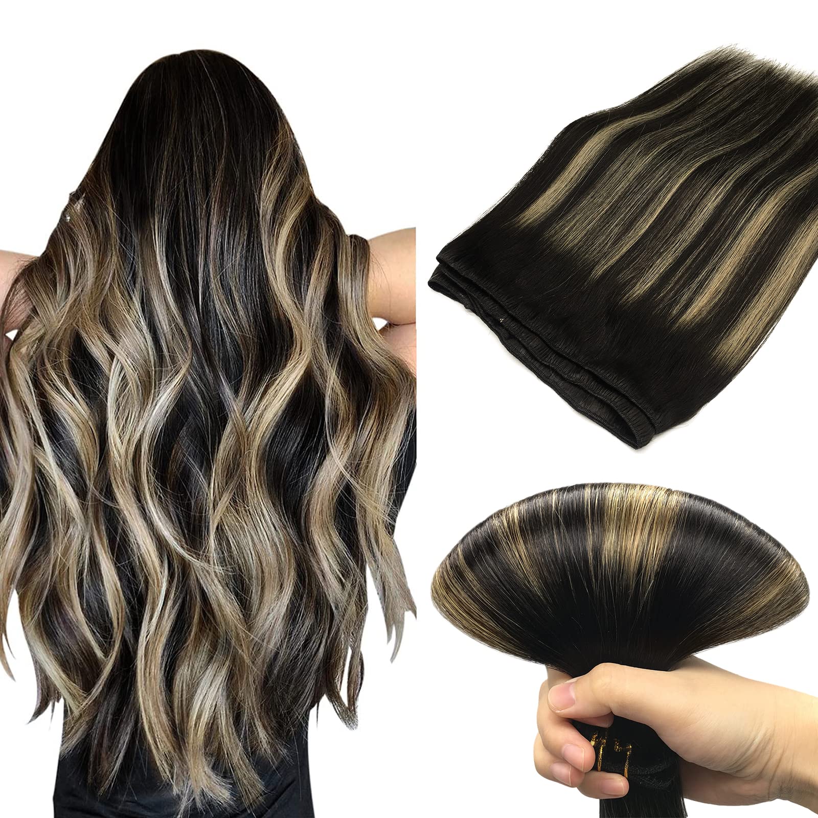 DOORES Tressen Echthaar Haar Extensions, Balayage NatüRliches Schwarz Bis Hellblond 60cm (24zoll) 100g, Hair Extensions HaarverläNgerung Echthaar Glattes Haar Extensions | Balayage Natürliches Schwarz bis Hellblond, Remy Echthaar seidig glatt nahtlos natü