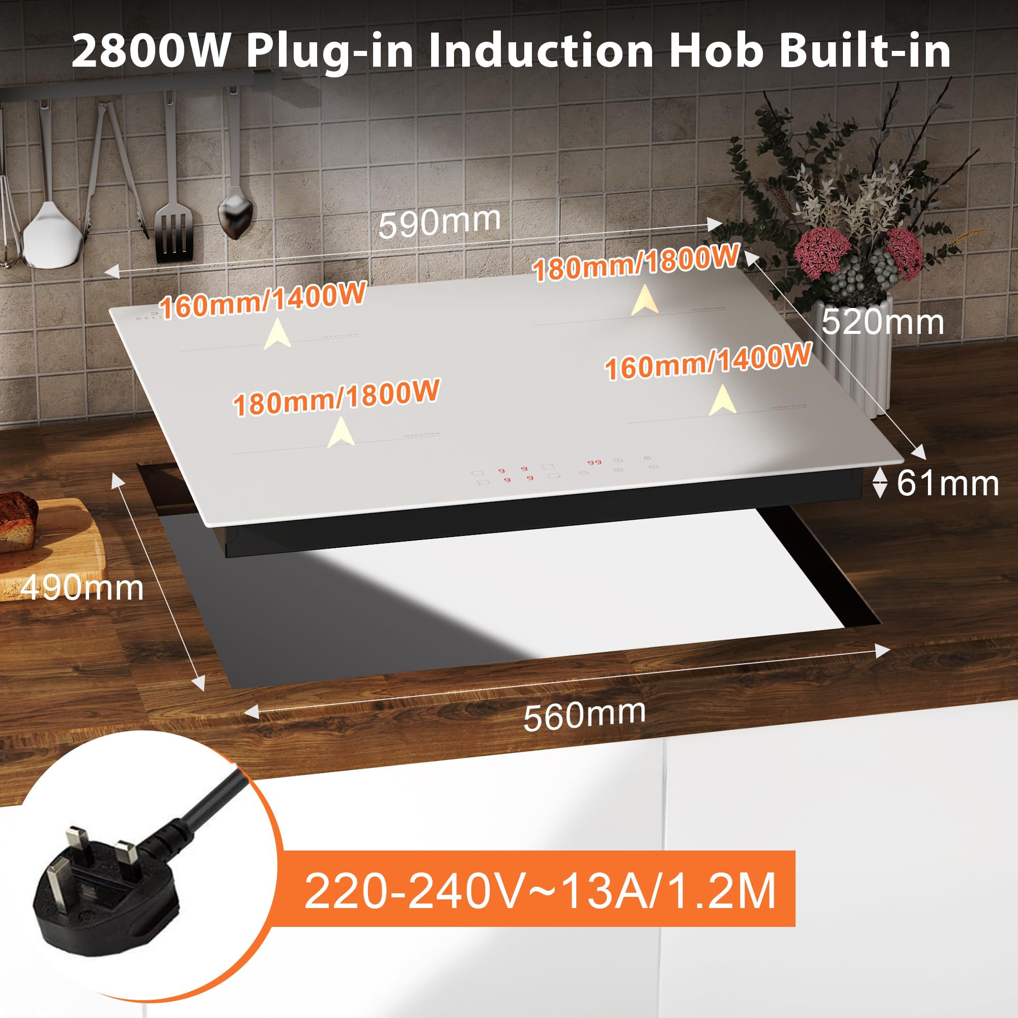 White Induction Hob Plug in DELITEER, 2800W Electric Hob 13amp, 60cm Induction Hob 4 Burners Built in, Touch Contol with Safety Lock, Timer, 220V - 5