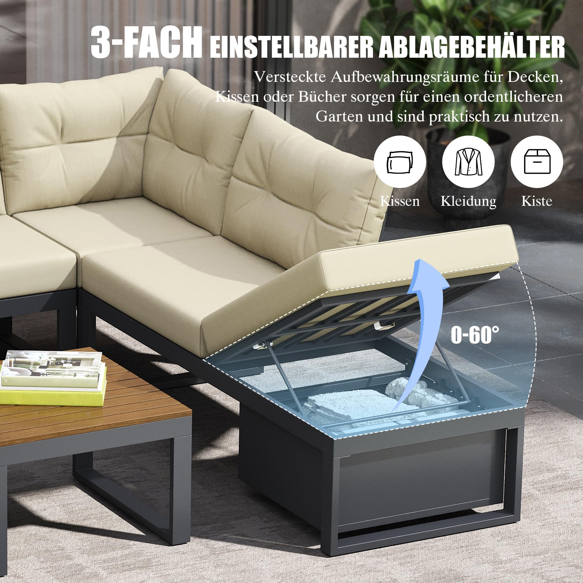 Ensemble de Meubles de Jardin Modulable avec Dossier Réglable 3 Positions, Fonction Relax, Rangement Intégré, Housse Polyester Résistant aux Intempéries - pour Terrasse, Balcon et Jardin