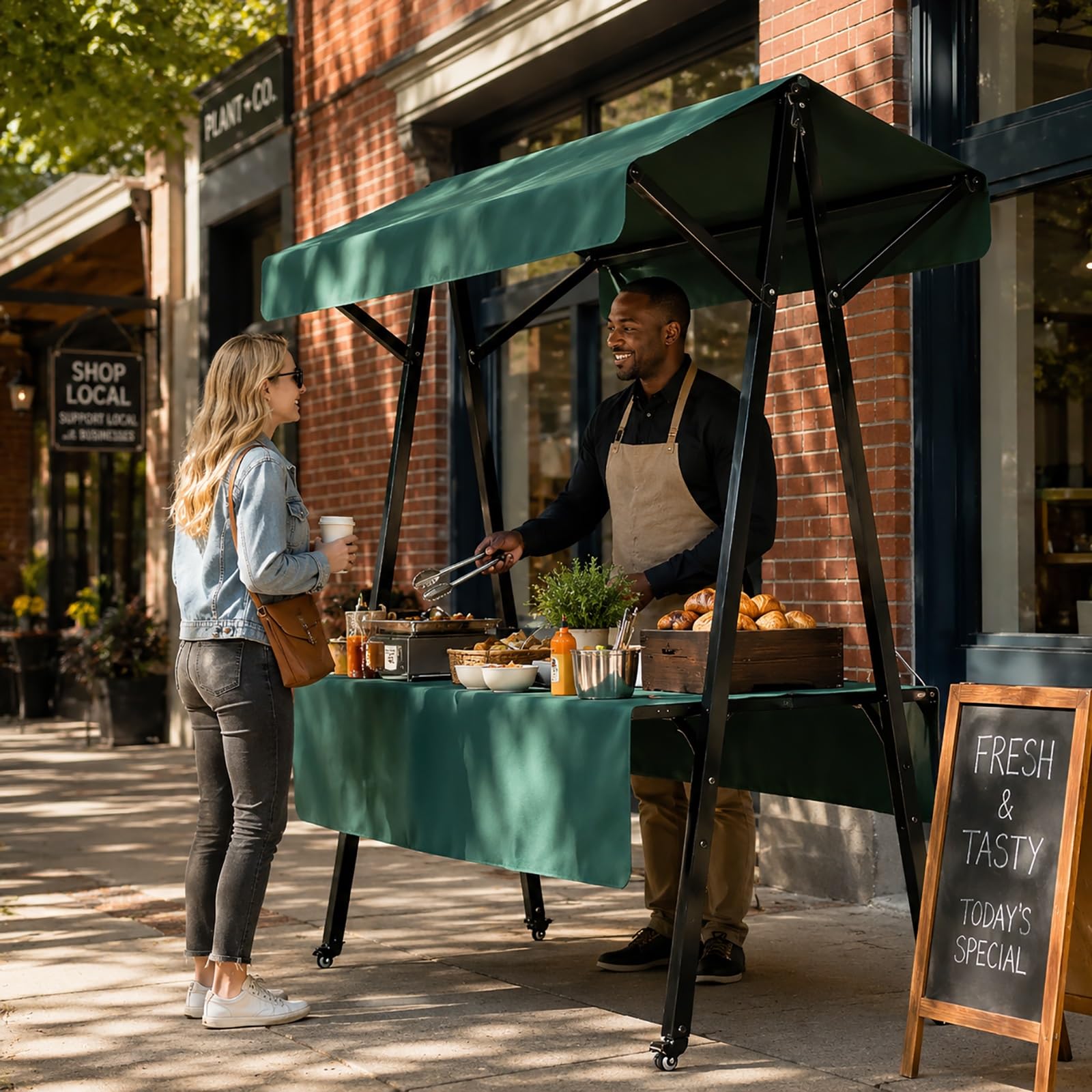 XRRJFYH Portable Farmers Market Stand with Canopy, Outdoor Vendor Booth & Display Tables – Foldable Street Vendor Food Stand, Market Stall with Wheels(Green,160x60cm/63x24in)