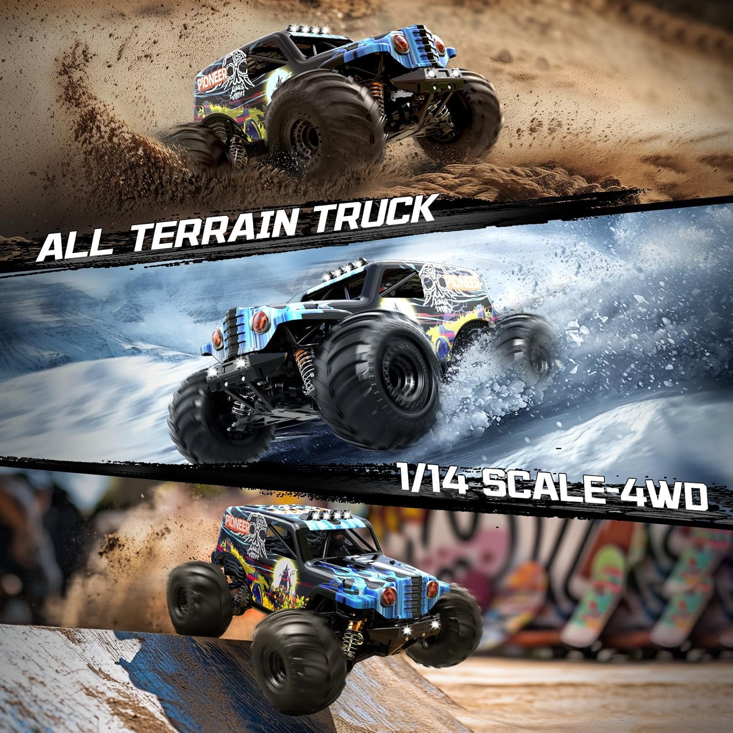 Womaqu RC car driving on various terrains including dirt, snow, and a skate park ramp
