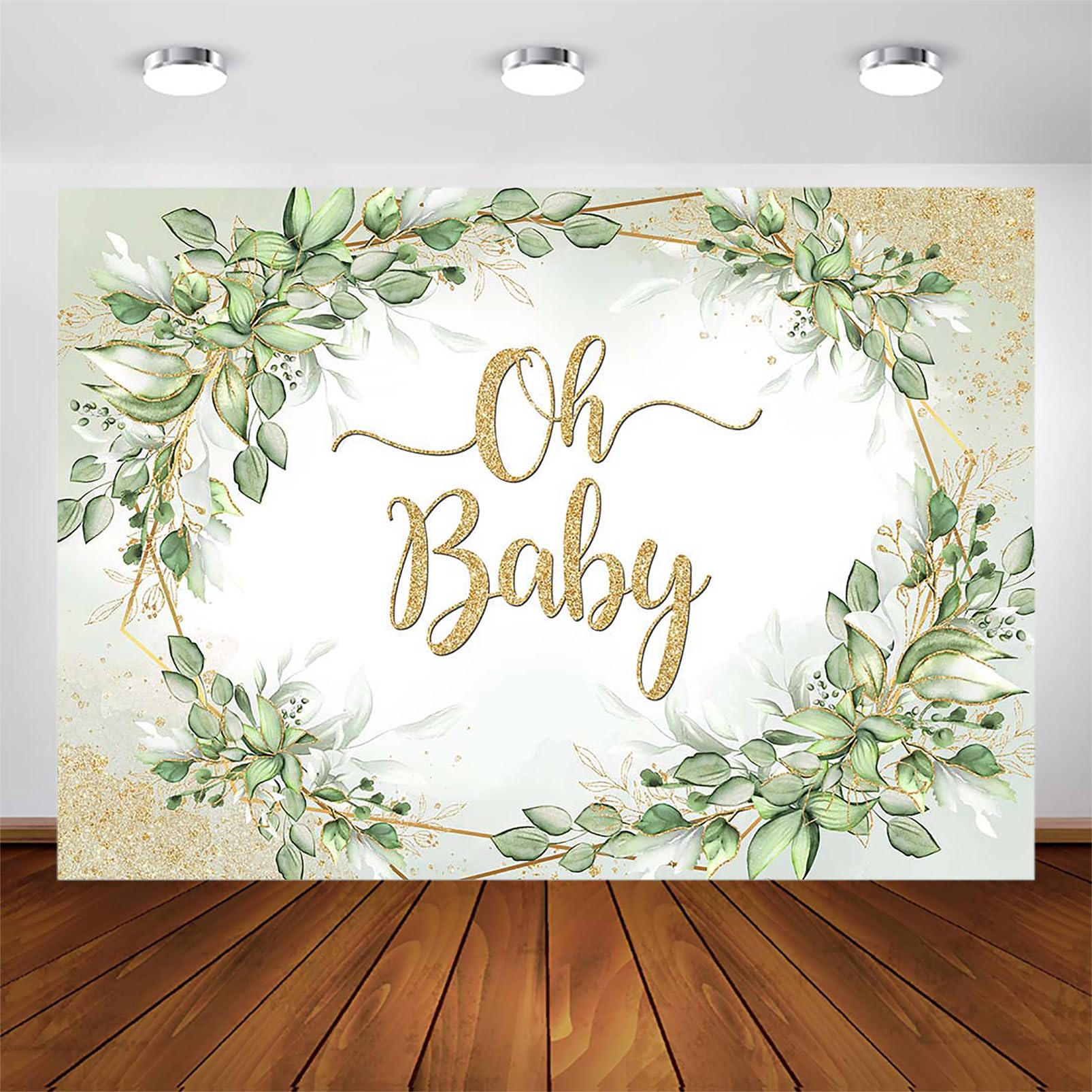Avezano Sage Green Baby Shower Backdrop Gold Oh Baby Background Greenery Eucalyptus Leaves Baby Shower Party Decorations Banner Photo Booth Props (