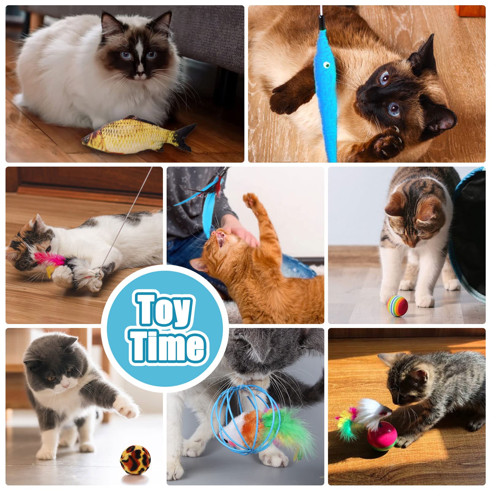 Juguetes Interactivos para Gatos - Set de 39 Piezas Con Túnel, Ratones, Varita de Plumas, Peces, Bolas y Campanas - Tubo de 3 Vías