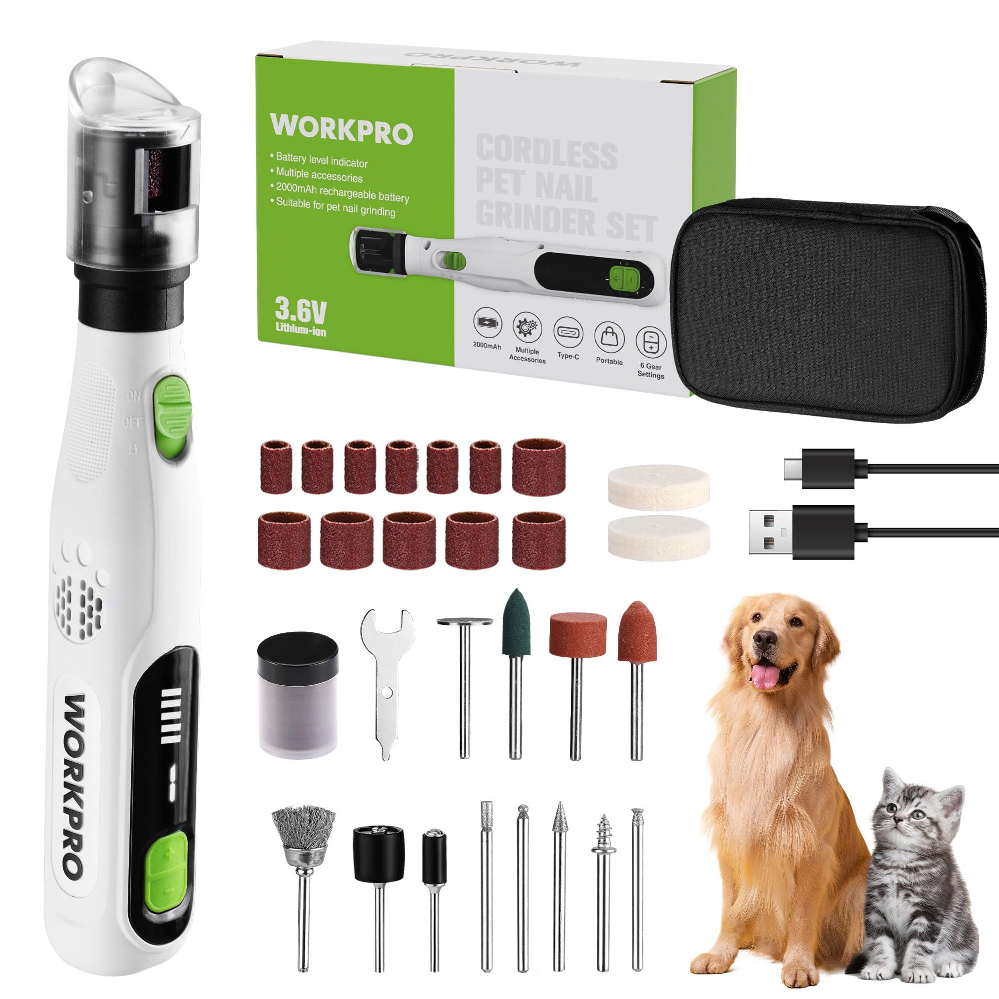 WORKPRO Krallenschleifer für Hunde, Elektrischer Hund Krallenschleifer, Pfotentrimmer mit 6-Gang-Einstellung, 3 Schleiföffnungen, Haustier Nagelschleifer für Kleine, Mittlere und Große Hunde/Katzen